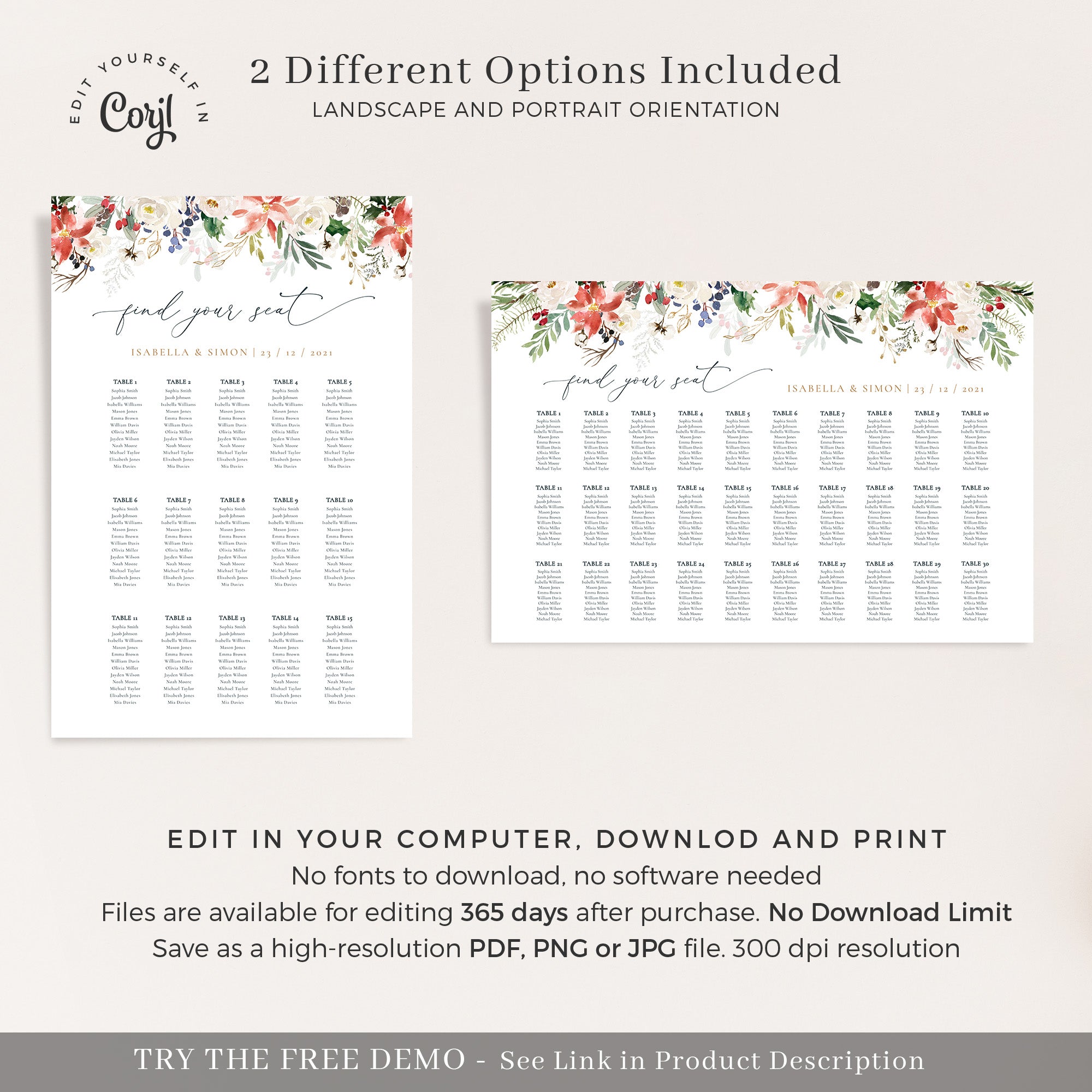 Natalia | Christmas Wedding Seating Chart Template