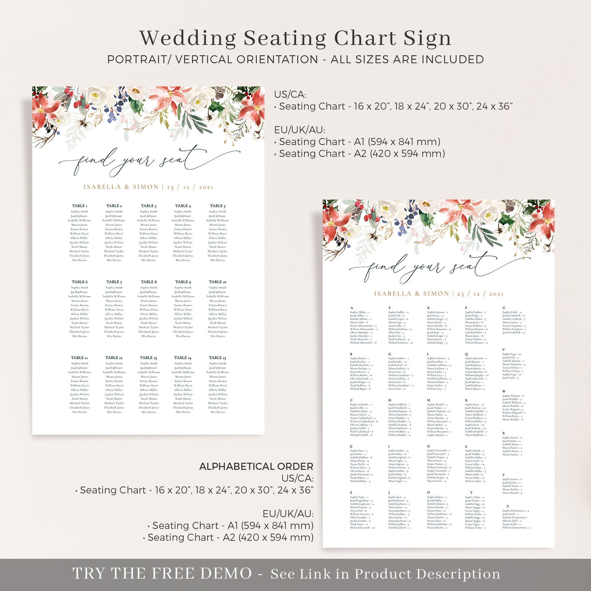 Natalia | Christmas Wedding Seating Chart Template