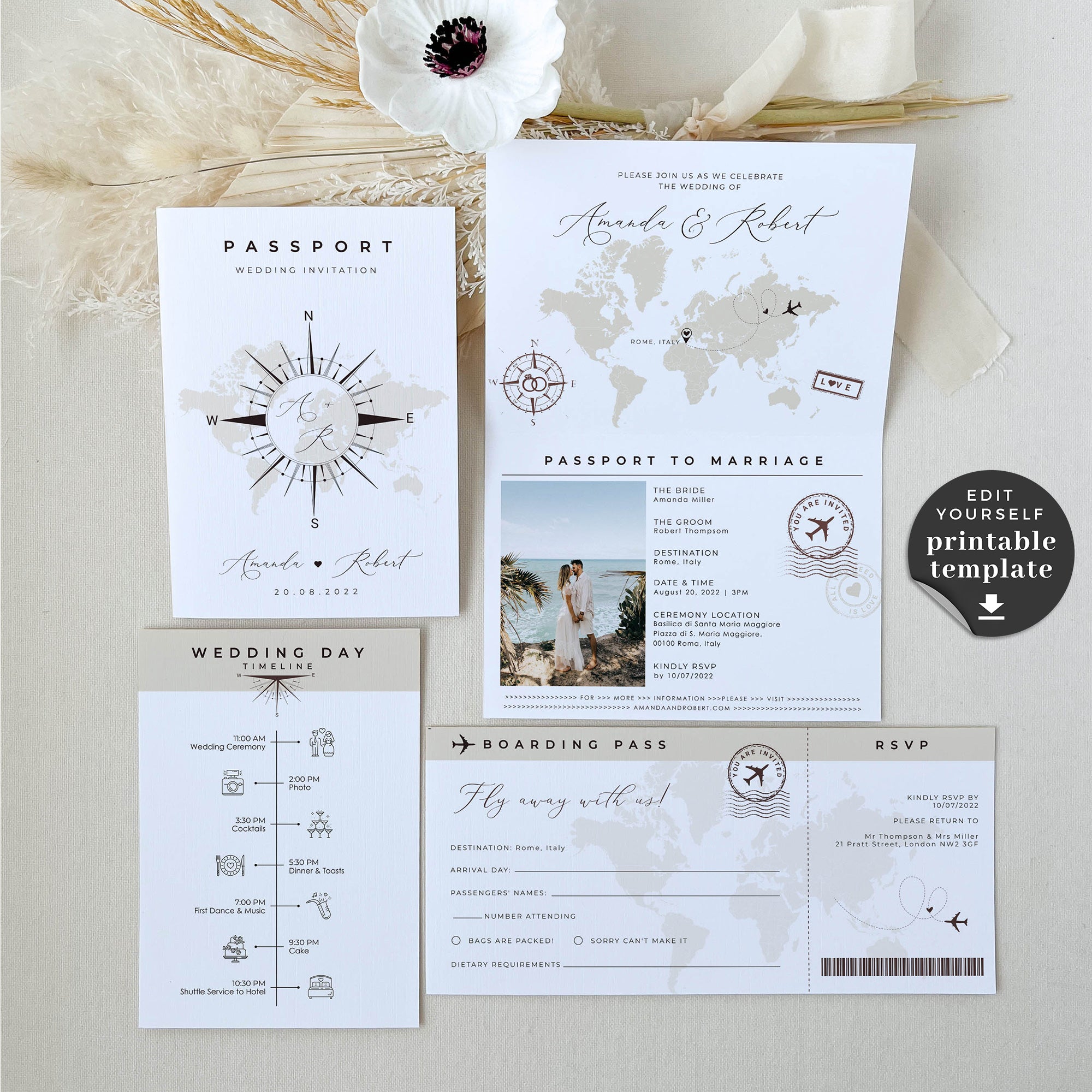 Sofia | Printable Passport Wedding Invitation with Boarding Pass Rsvp