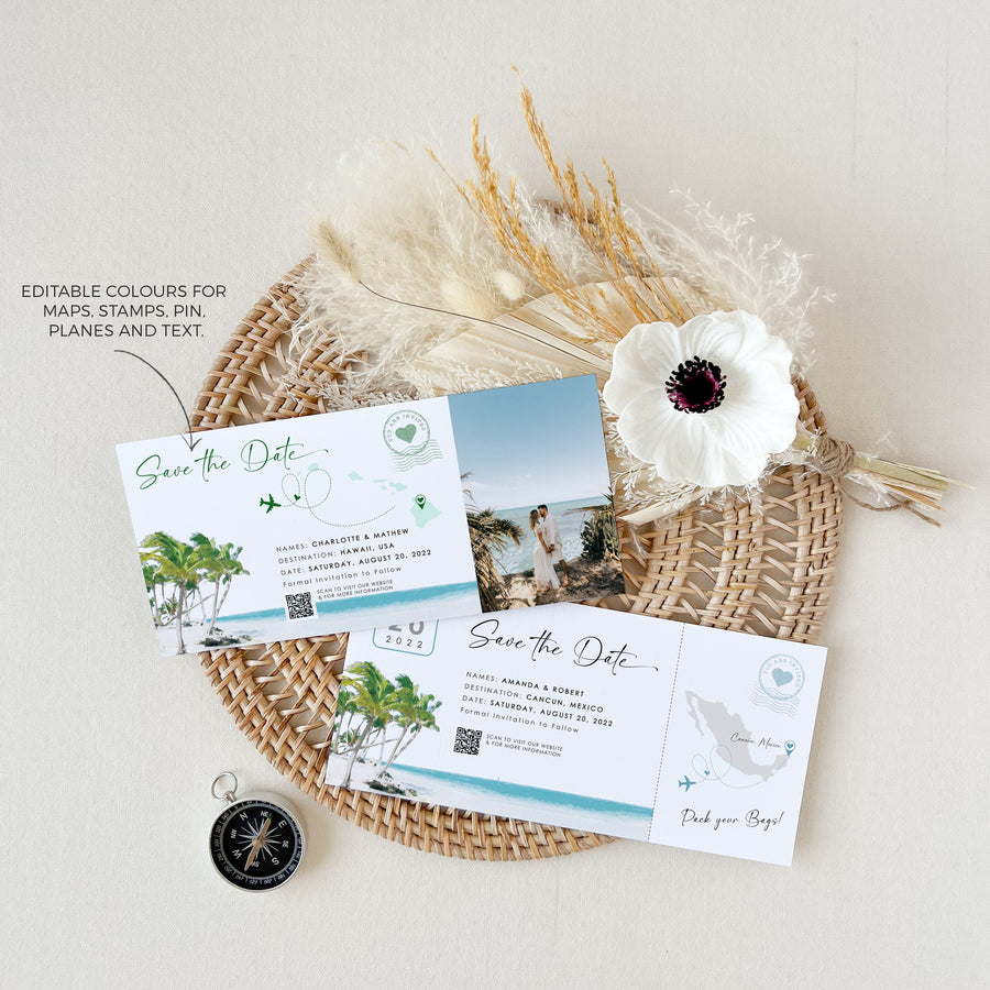Mira | Tropical Save the Date Boarding Pass Template