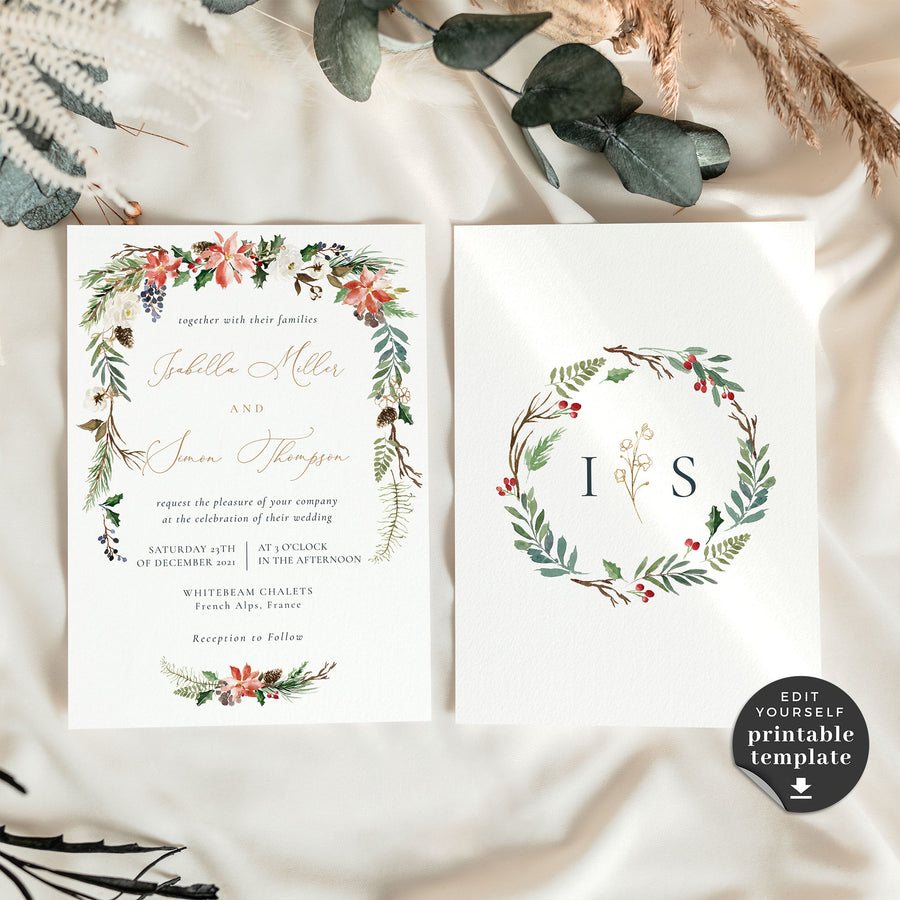 Natalia | Christmas Themed Wedding Invitation Suite Template