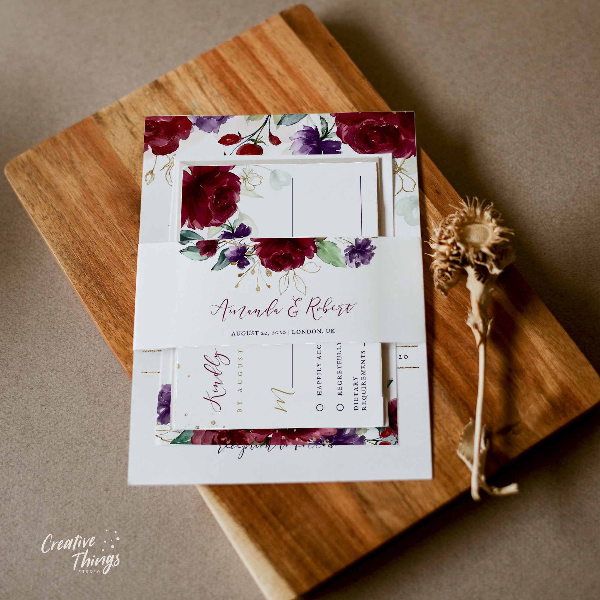 Rossella | Burgundy Wedding Invitation Set Printable