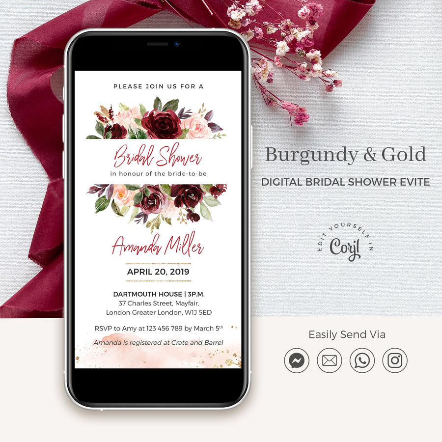 Rossella | Burgundy Bridal Shower Electronic Invitation