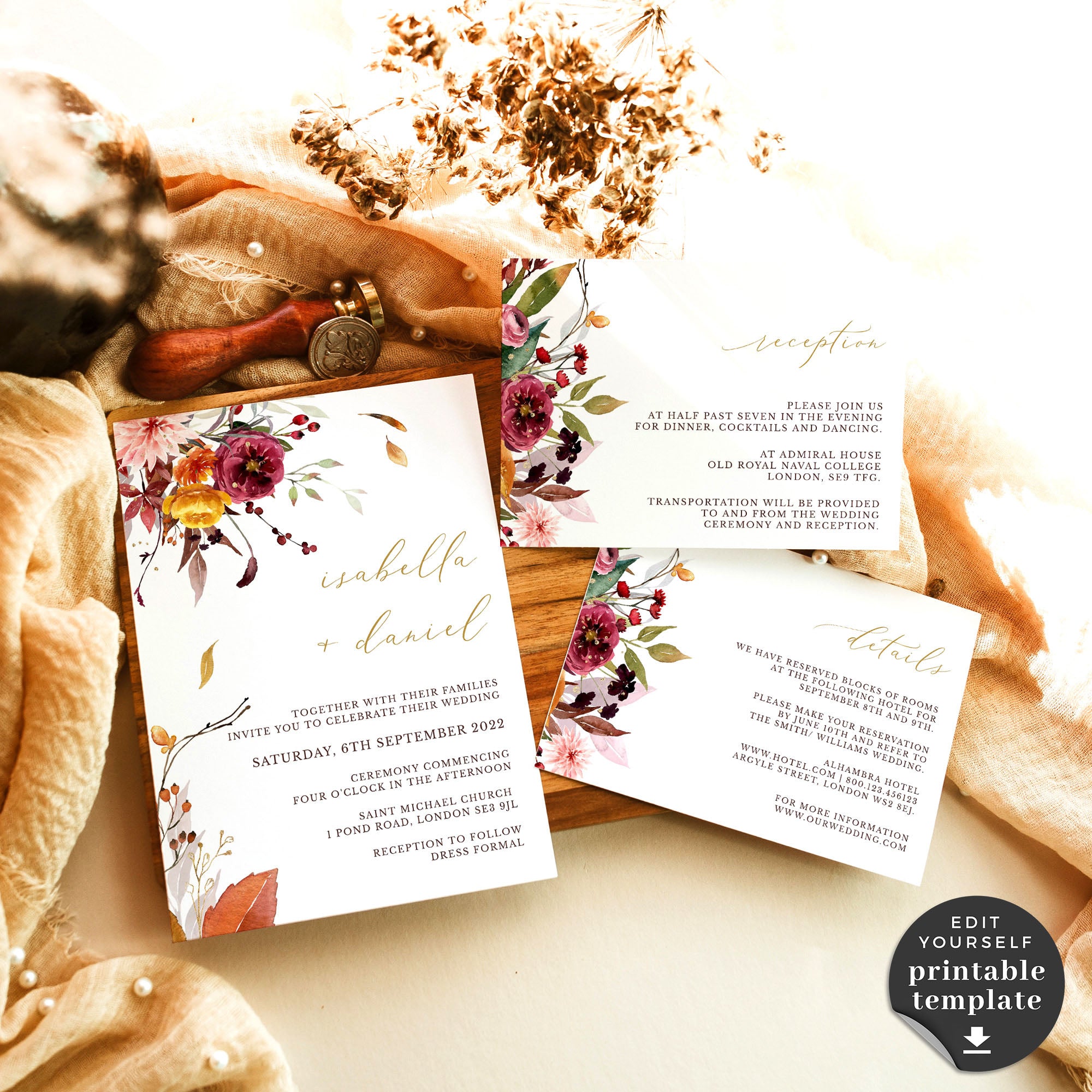 Ambra | Fall Wedding Invitation Template with RSVP