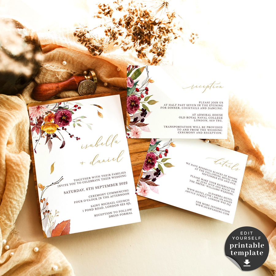 Ambra | Fall Wedding Invitation Template with RSVP