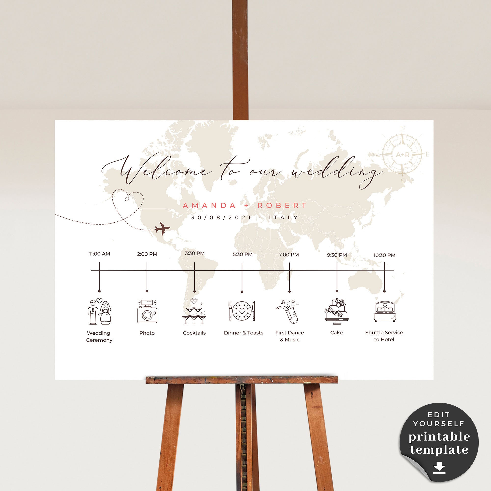 Sofia | World Map Wedding Timeline Sign Template
