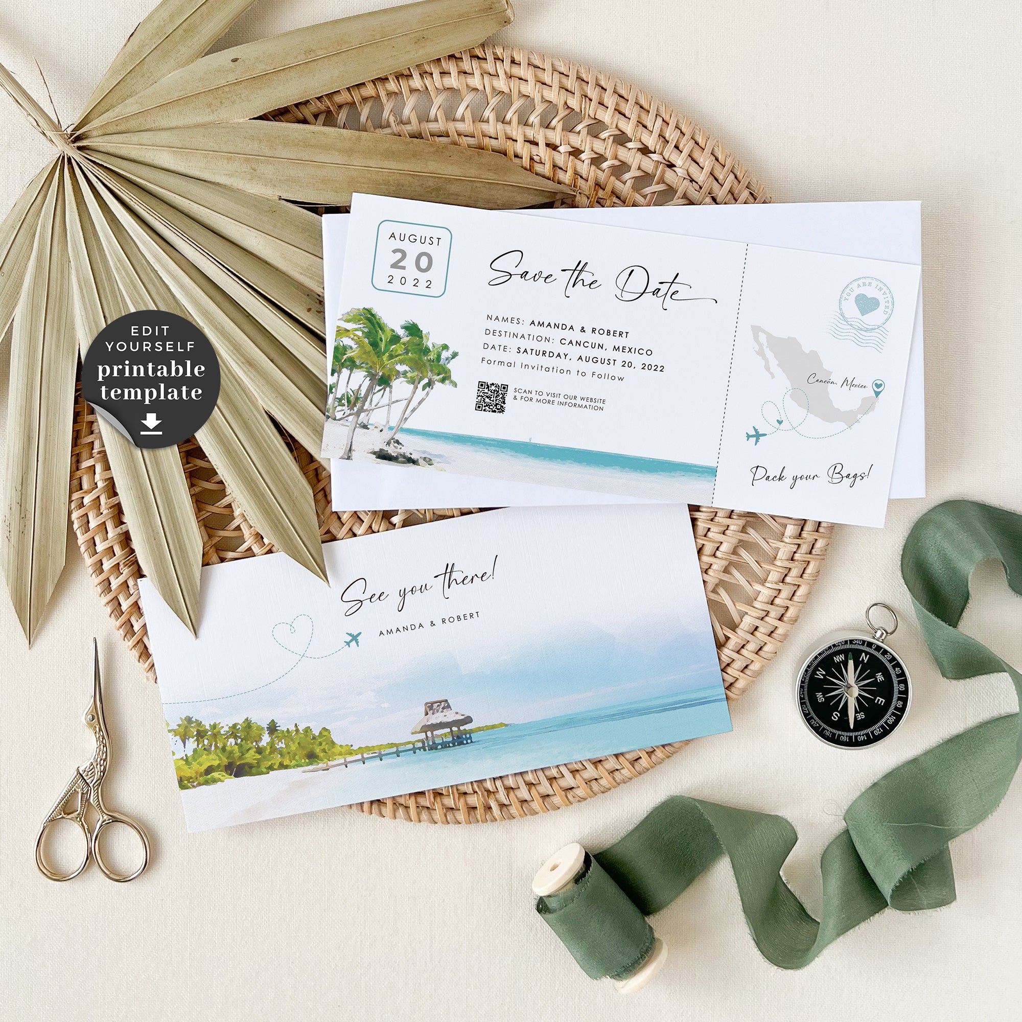 Mira | Tropical Save the Date Boarding Pass Template