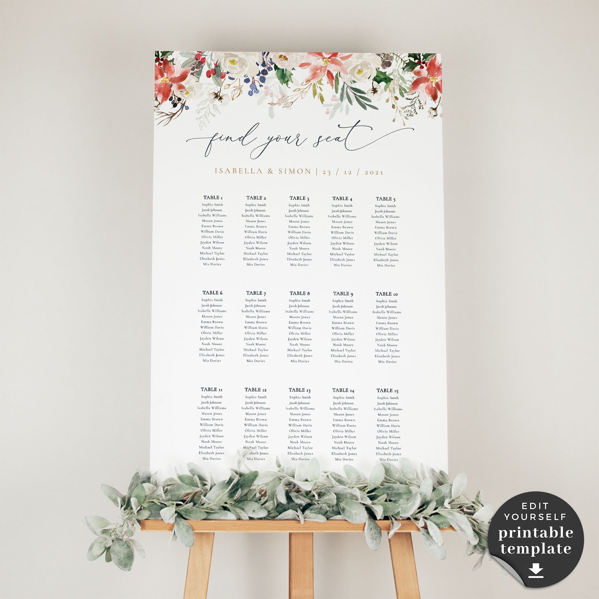 Natalia | Christmas Wedding Seating Chart Template