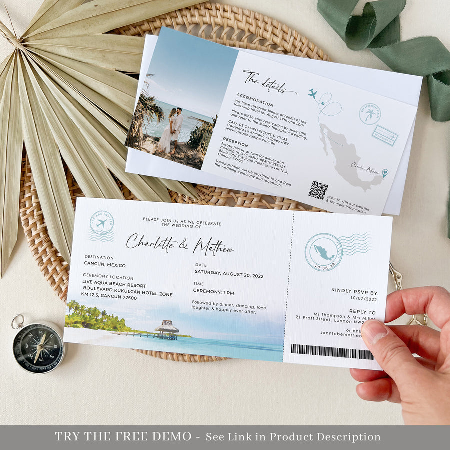 Mira | Boarding Pass Tropical Wedding Invitation Template