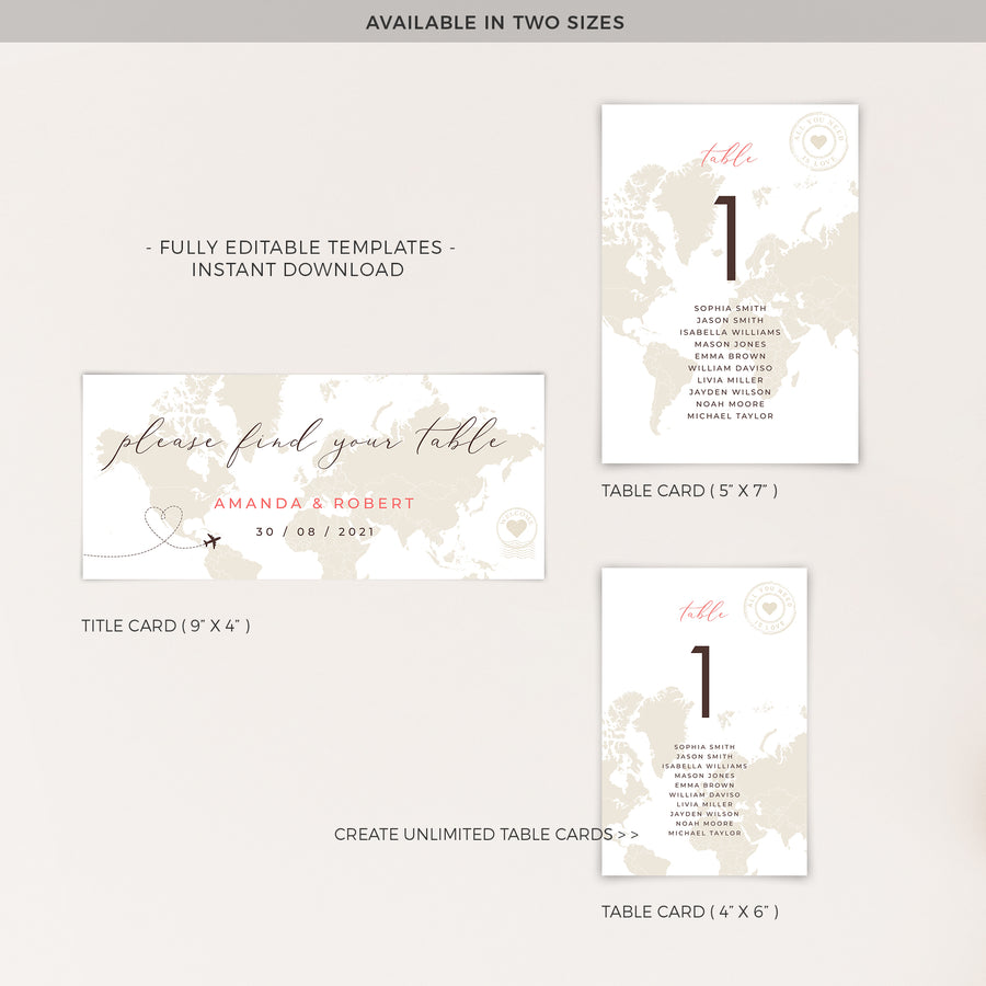 Sofia| World Map Wedding Seating Cards Template