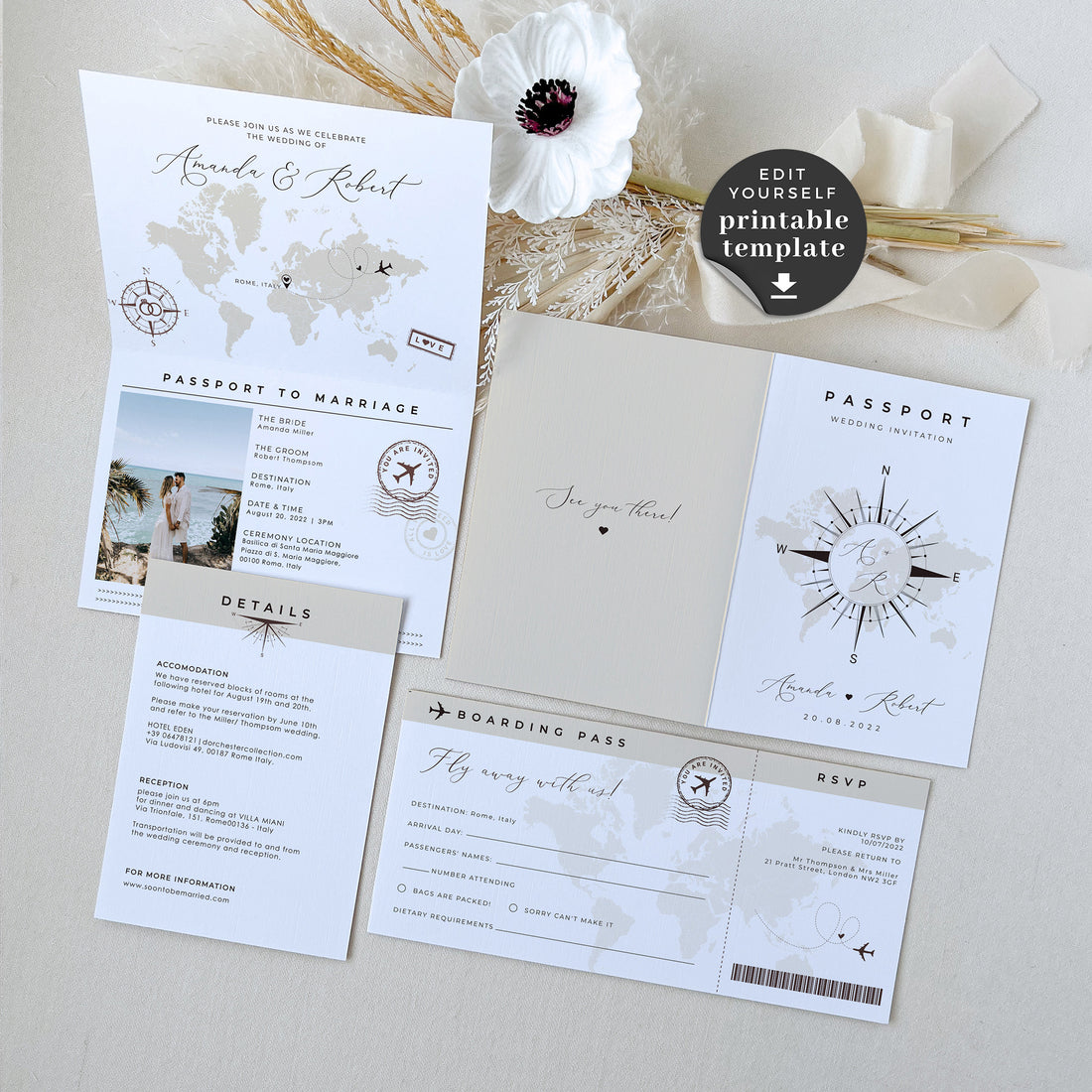 Sofia | Printable Passport Wedding Invitation with Boarding Pass Rsvp