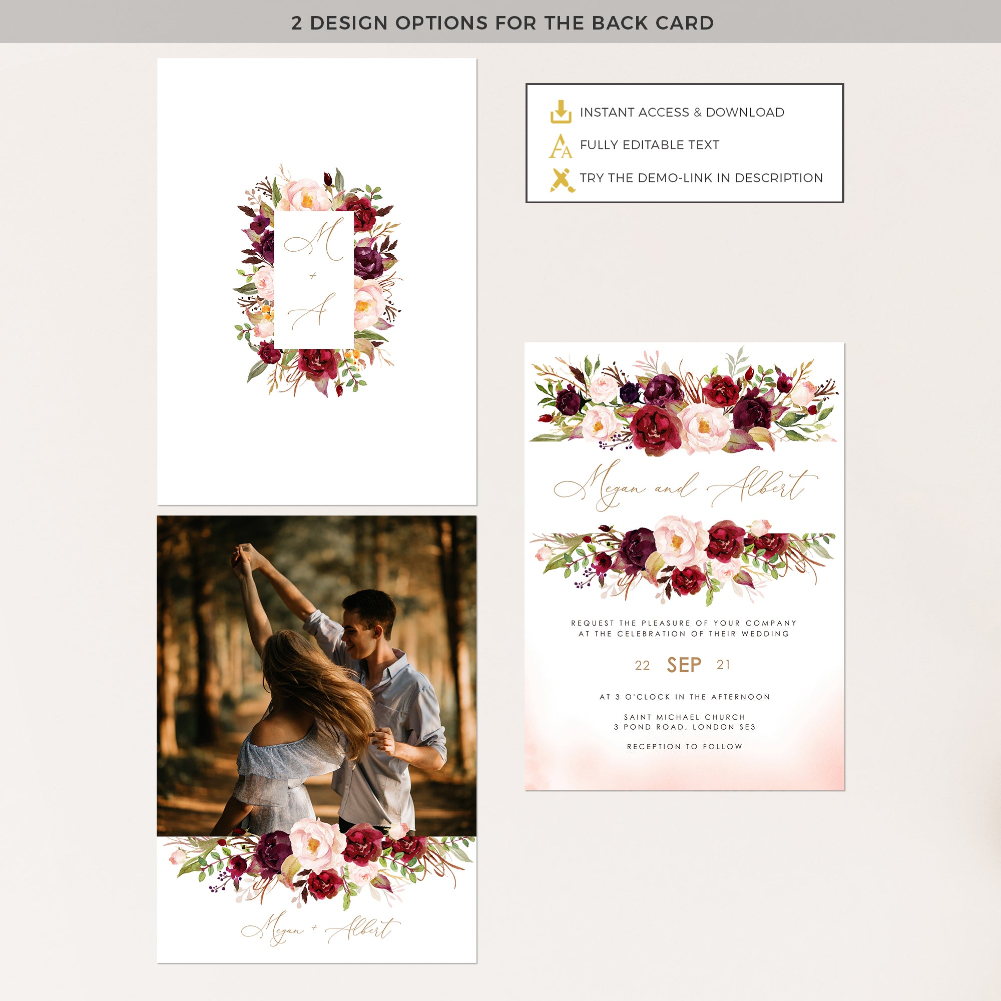 Rosita | Blush &amp; Burgundy Wedding Invitation Template