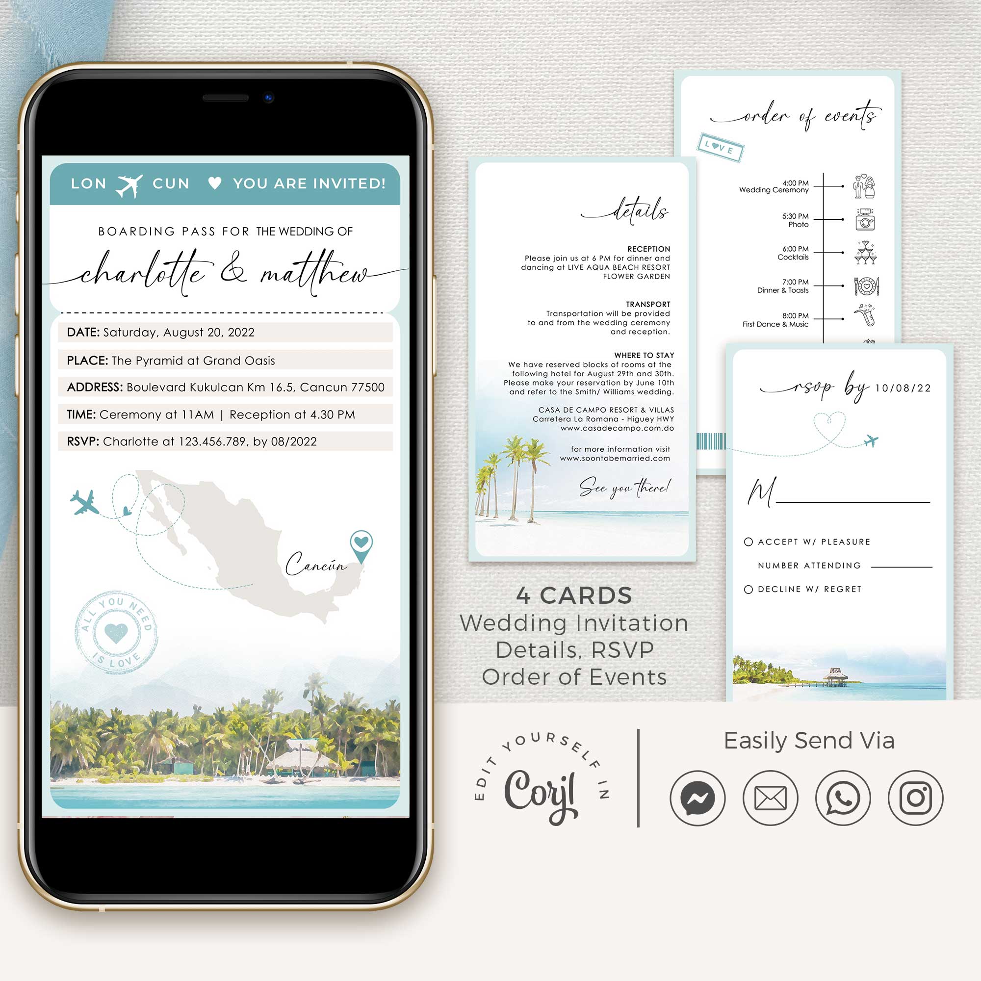 Mira | Boarding Pass Tropical Wedding Invitation Digital