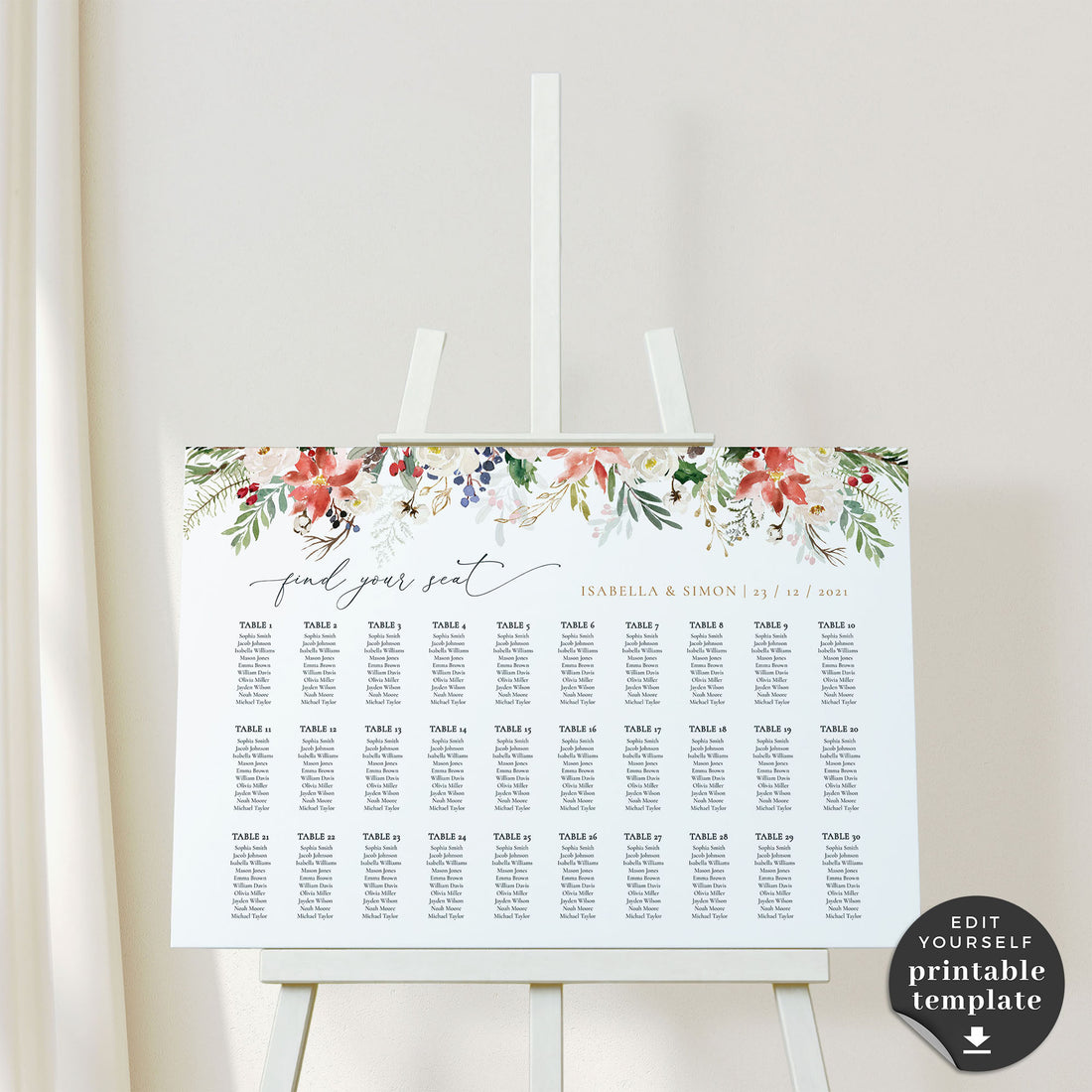 Natalia | Christmas Wedding Seating Chart Template