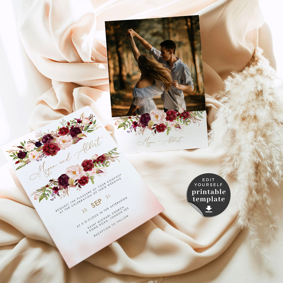 Rosita | Blush & Burgundy Wedding Invitation Template