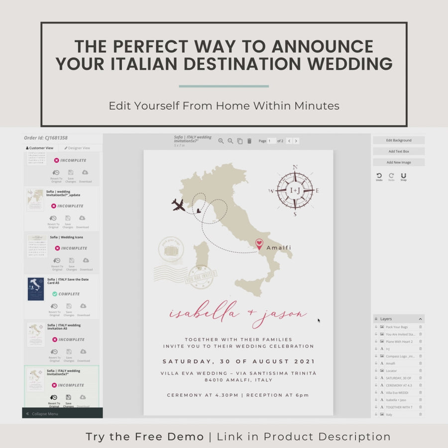 Italy Destination Wedding Invitation Template with RSVP