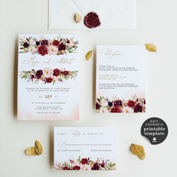 Rosita | Blush & Burgundy Wedding Invitation Set Template