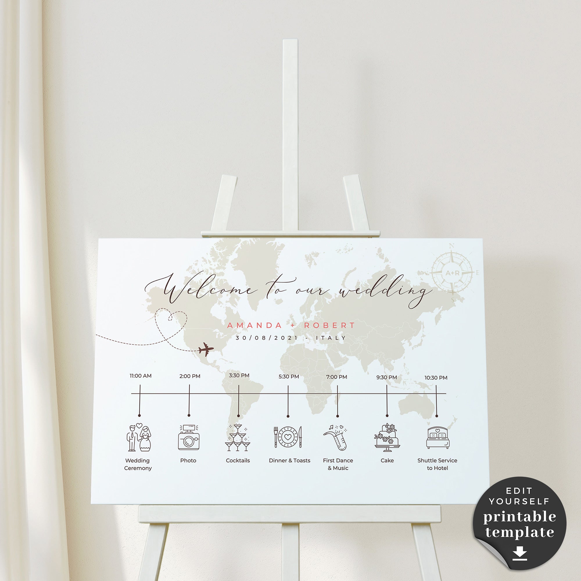 Sofia | World Map Wedding Timeline Sign Template
