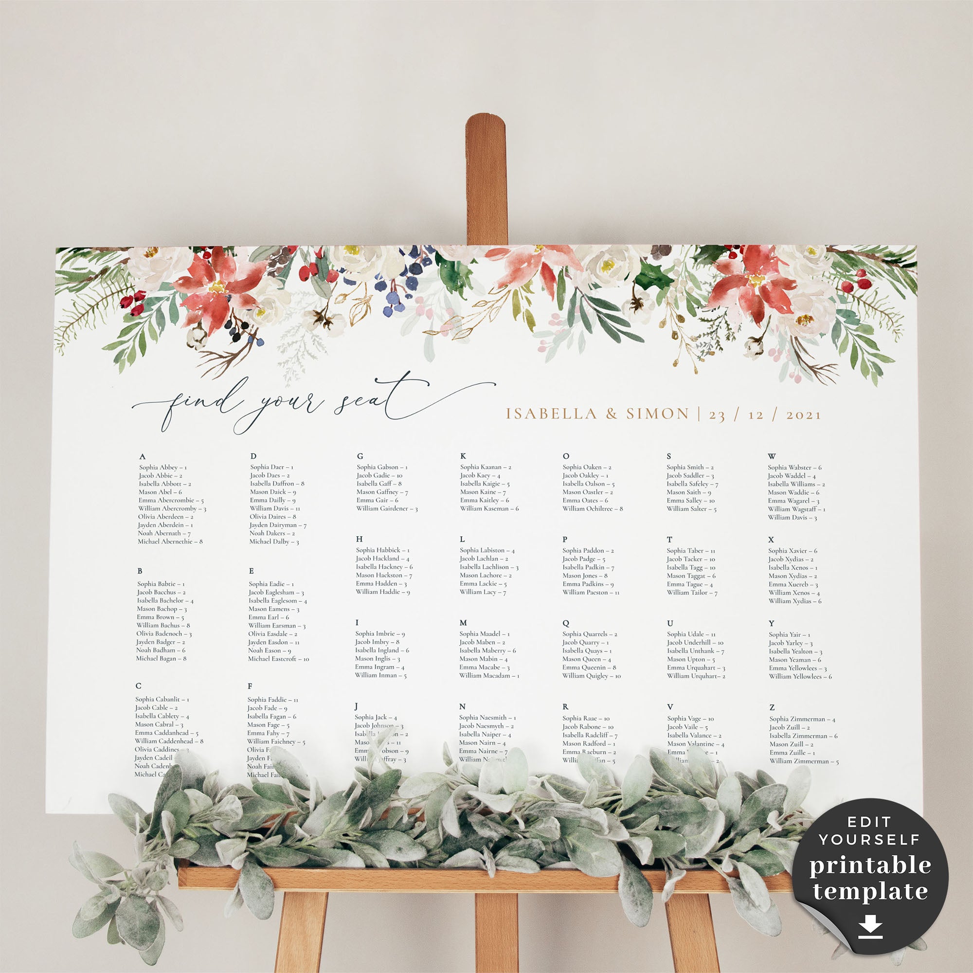 Natalia | Christmas Wedding Seating Chart Template