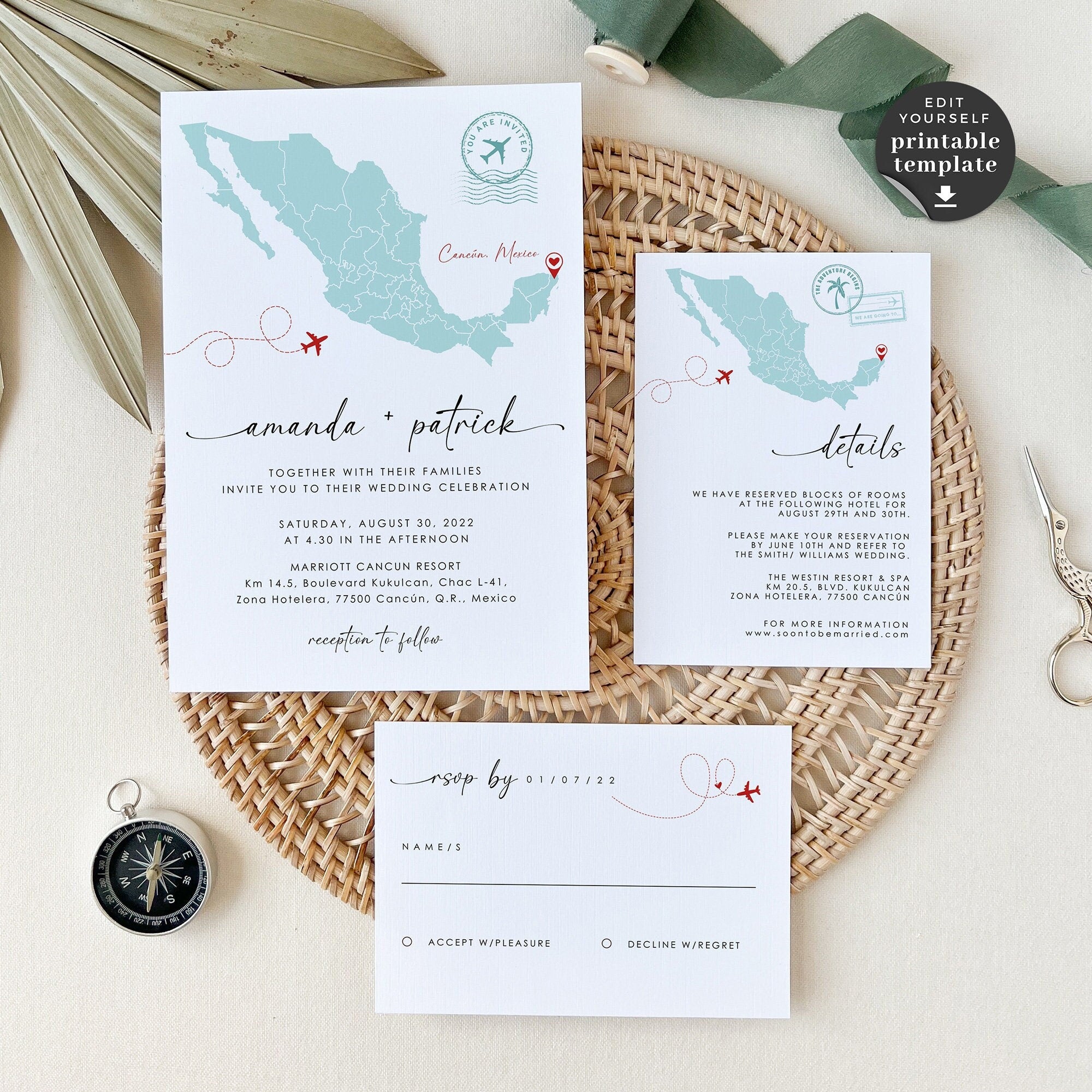 Mexico Destination Wedding Invitation Suite Template