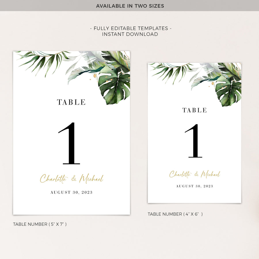 Tropical Wedding Table Numbers Template