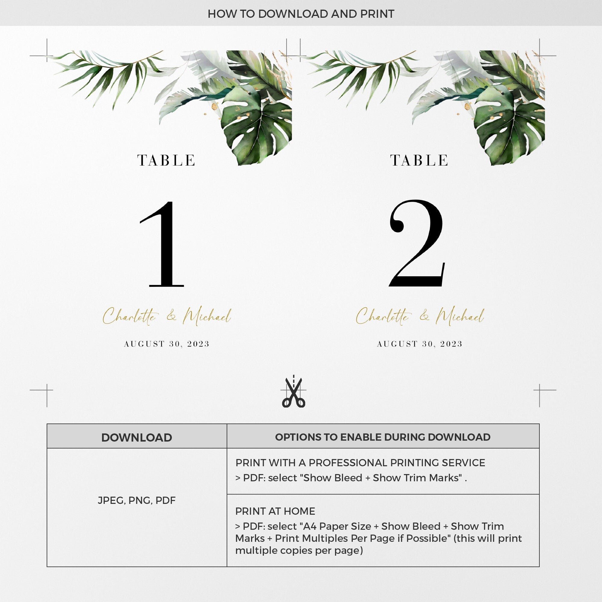 PALMA Tropical Wedding Table Numbers Template
