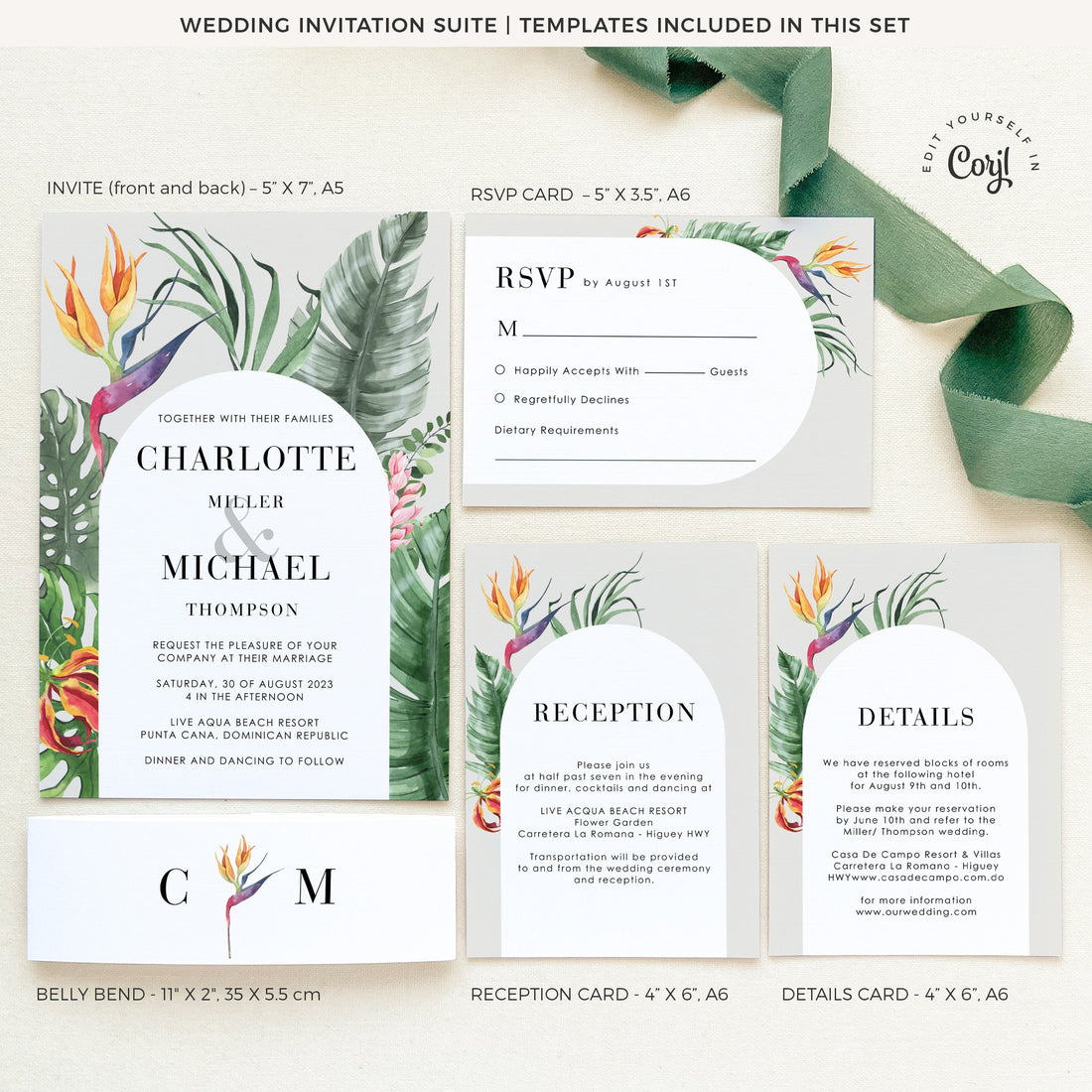 Elegant Tropical Wedding Invitation Template Suite