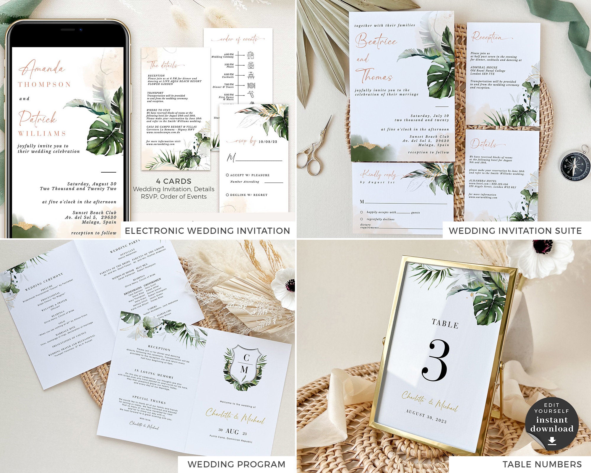 PALMA Tropical Wedding Printable Stationery Bundle Template