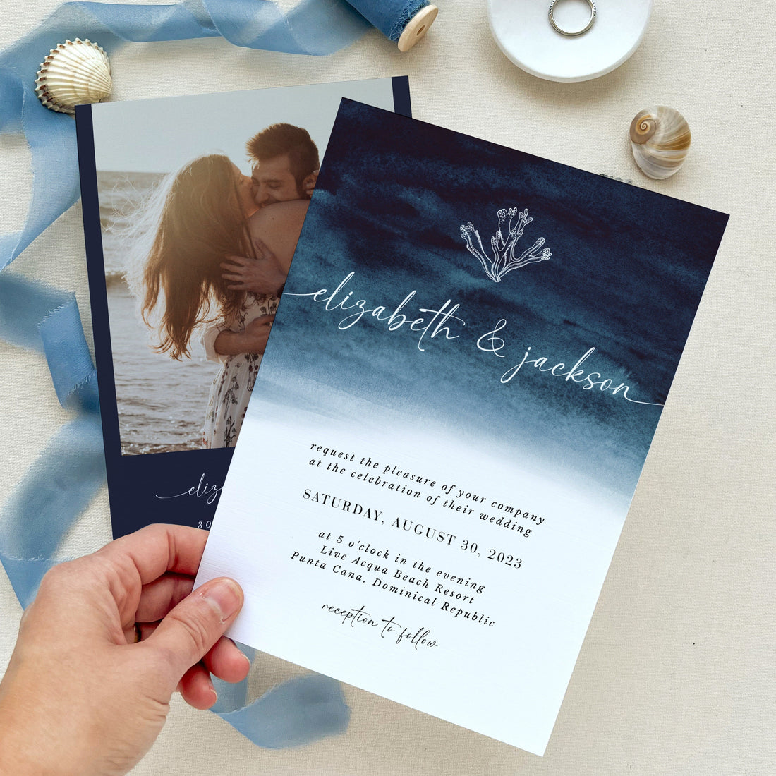 ZAHARA | Navy Destination Beach Wedding Invitation Kit Template