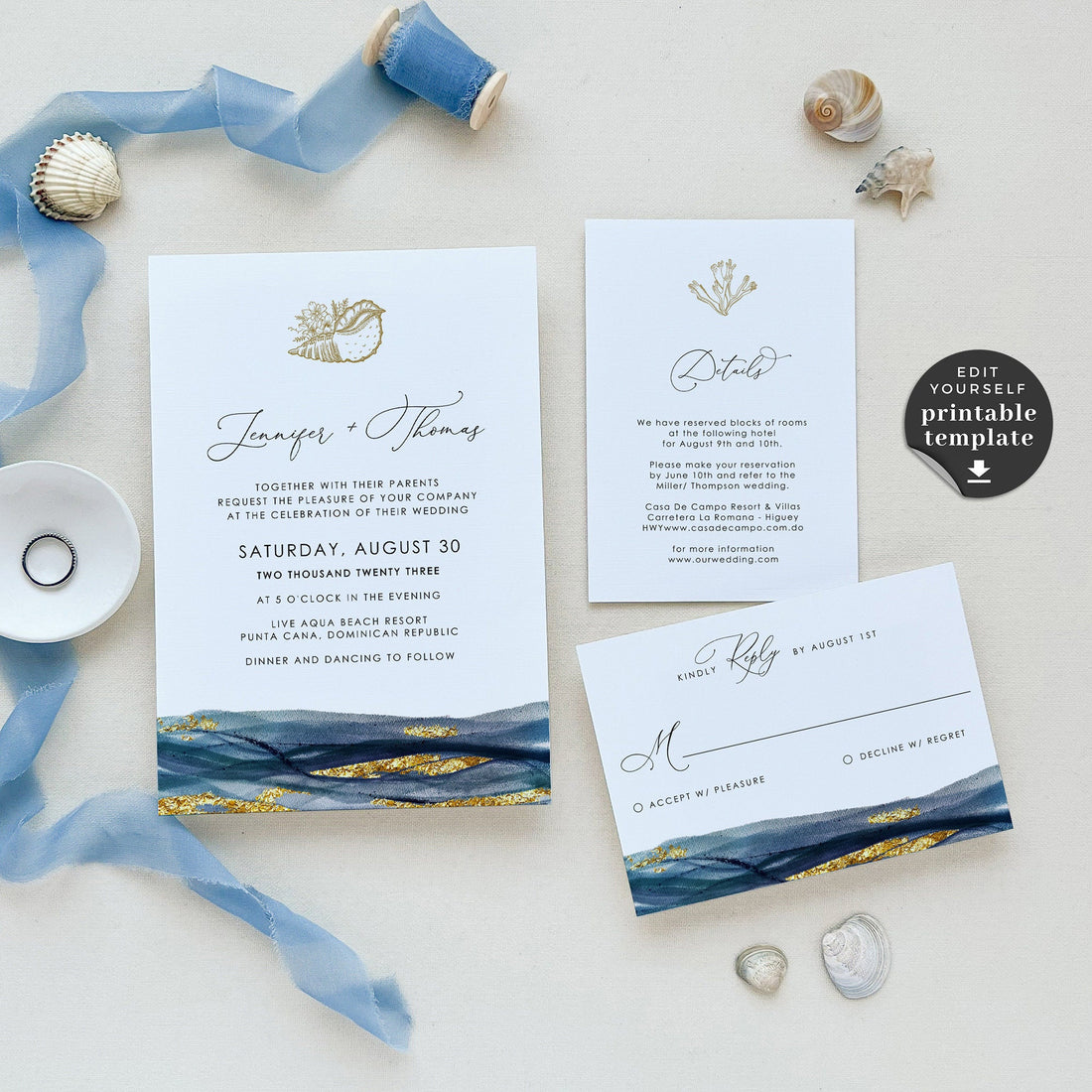 NOA | Elegant Beach Wedding Invitation Set Template