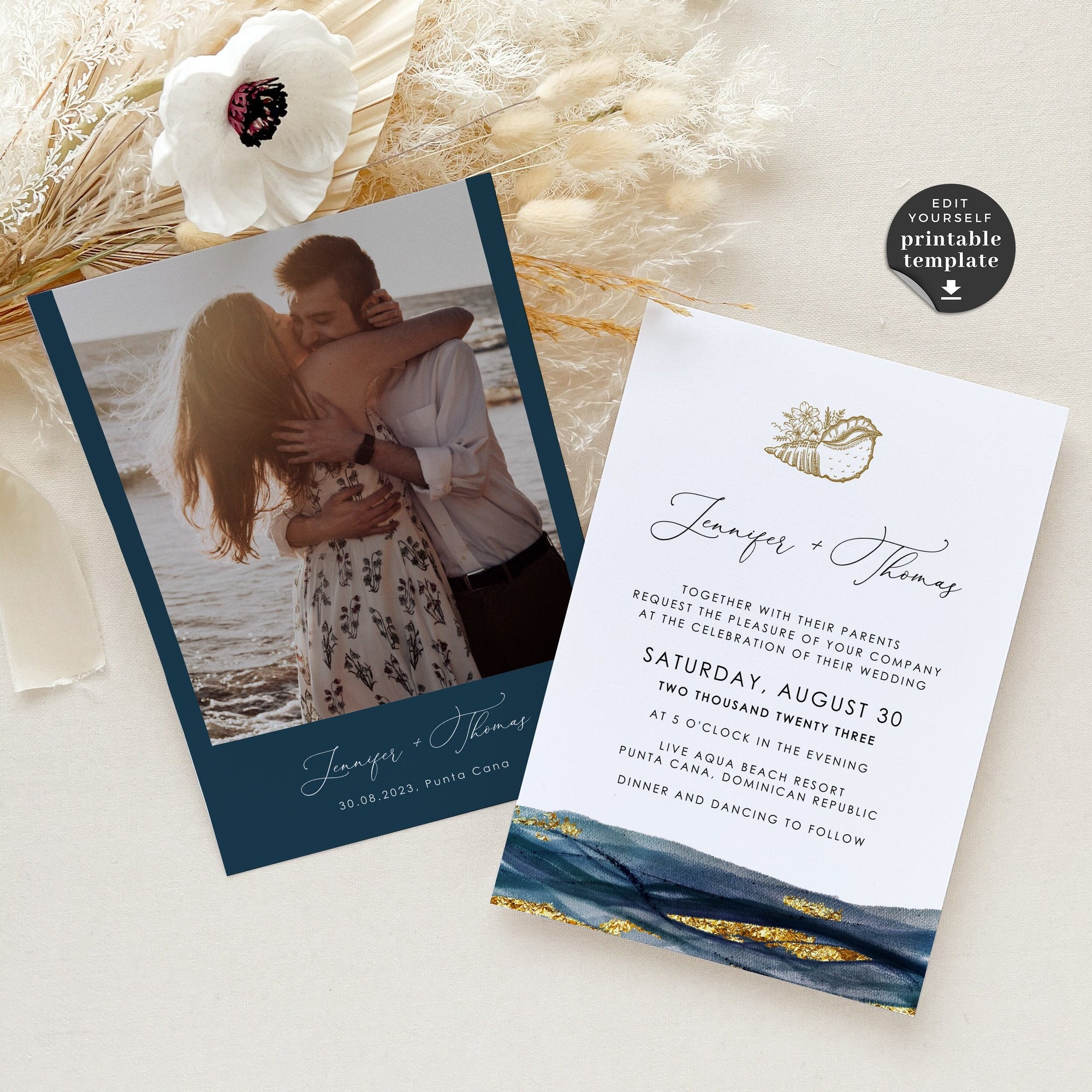 NOA | Navy and Gold Beach Wedding Invitation Template