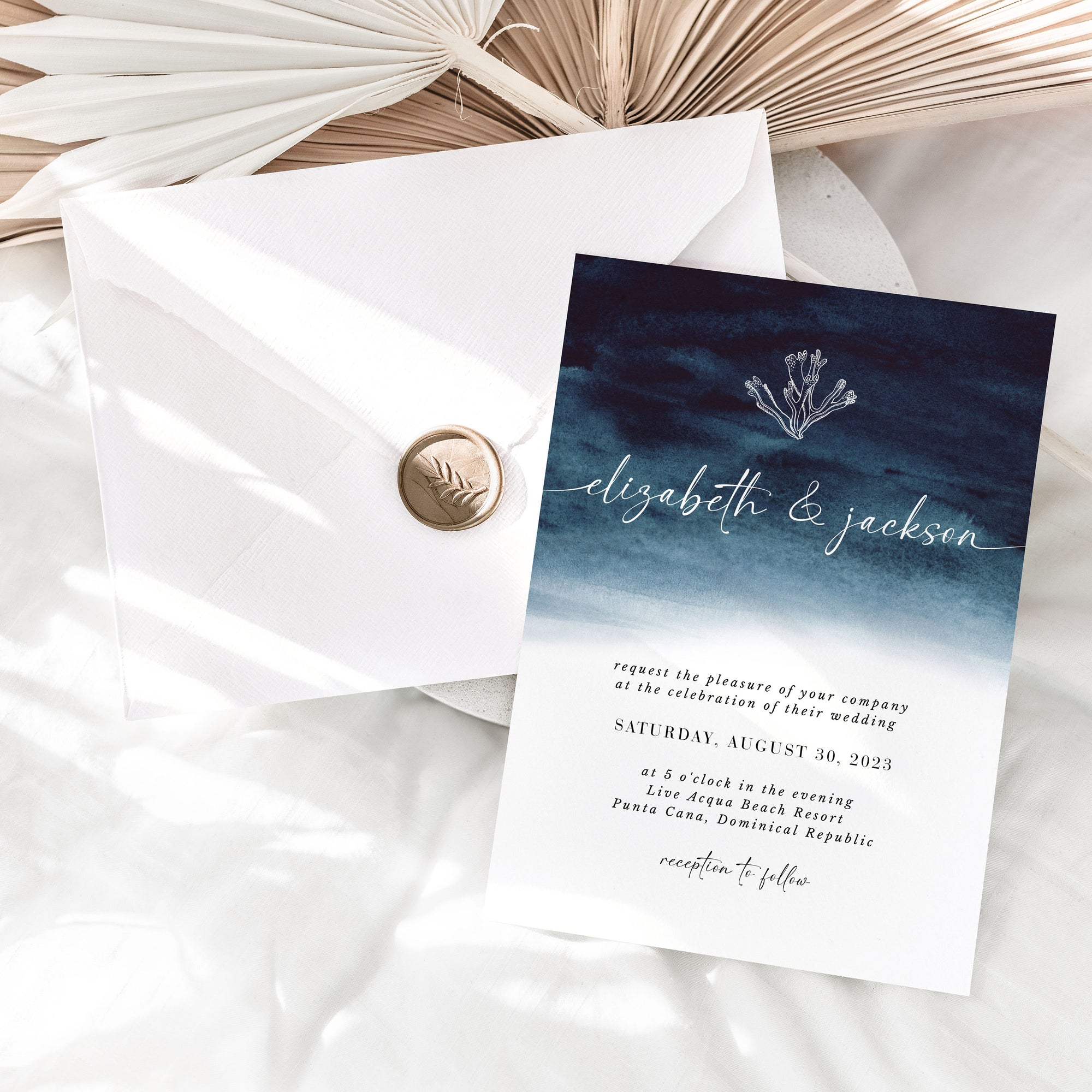 ZAHARA | Costal Beach Wedding Invitation Template with Photo