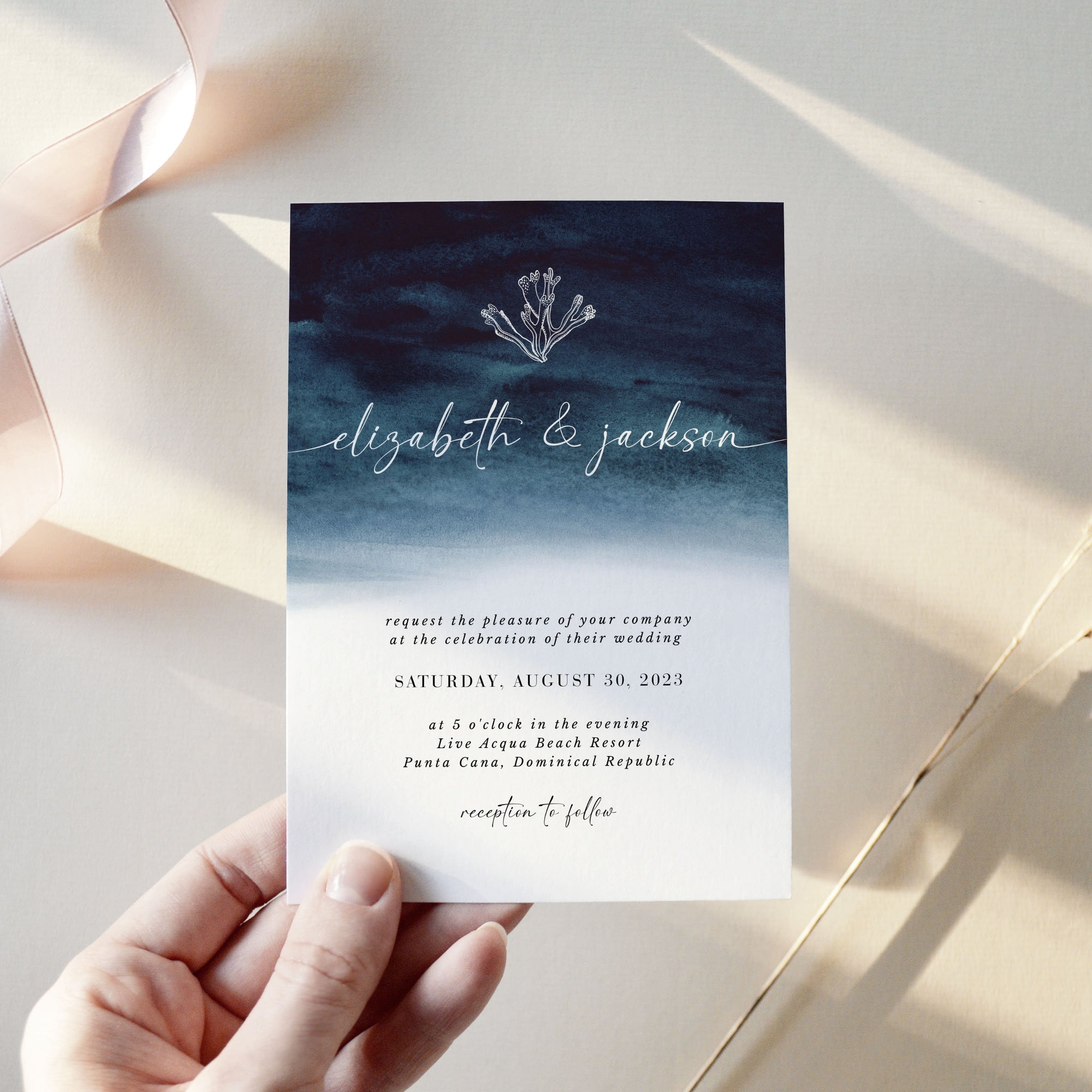 ZAHARA | Costal Beach Wedding Invitation Template with Photo
