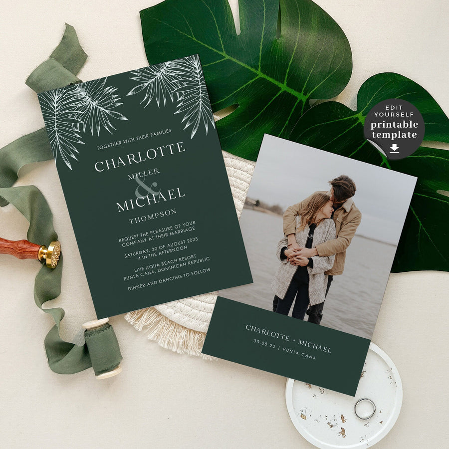 Tropical Palm Leaves Wedding Invitation Template
