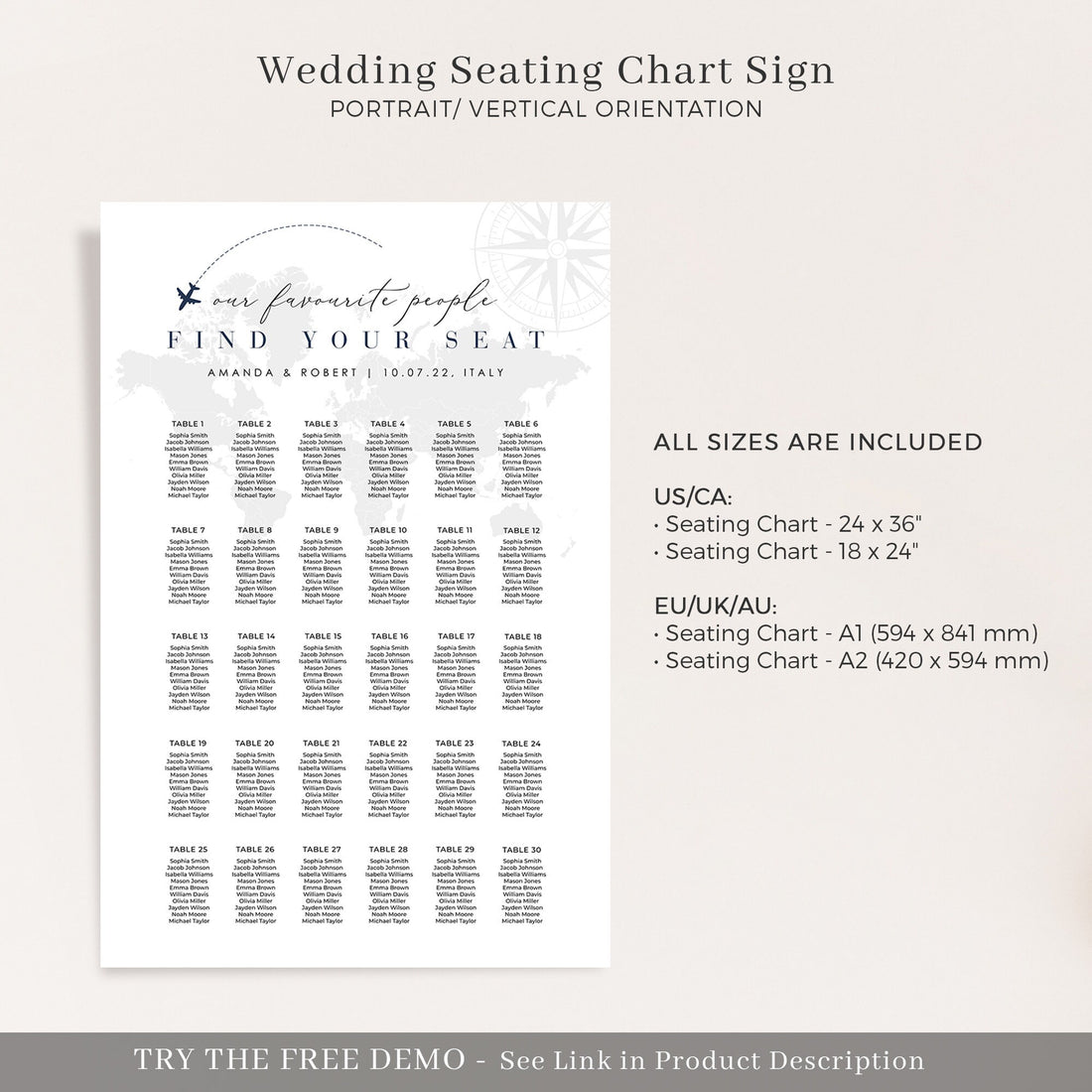 SOFIA Printable Wedding Seating Chart with map
