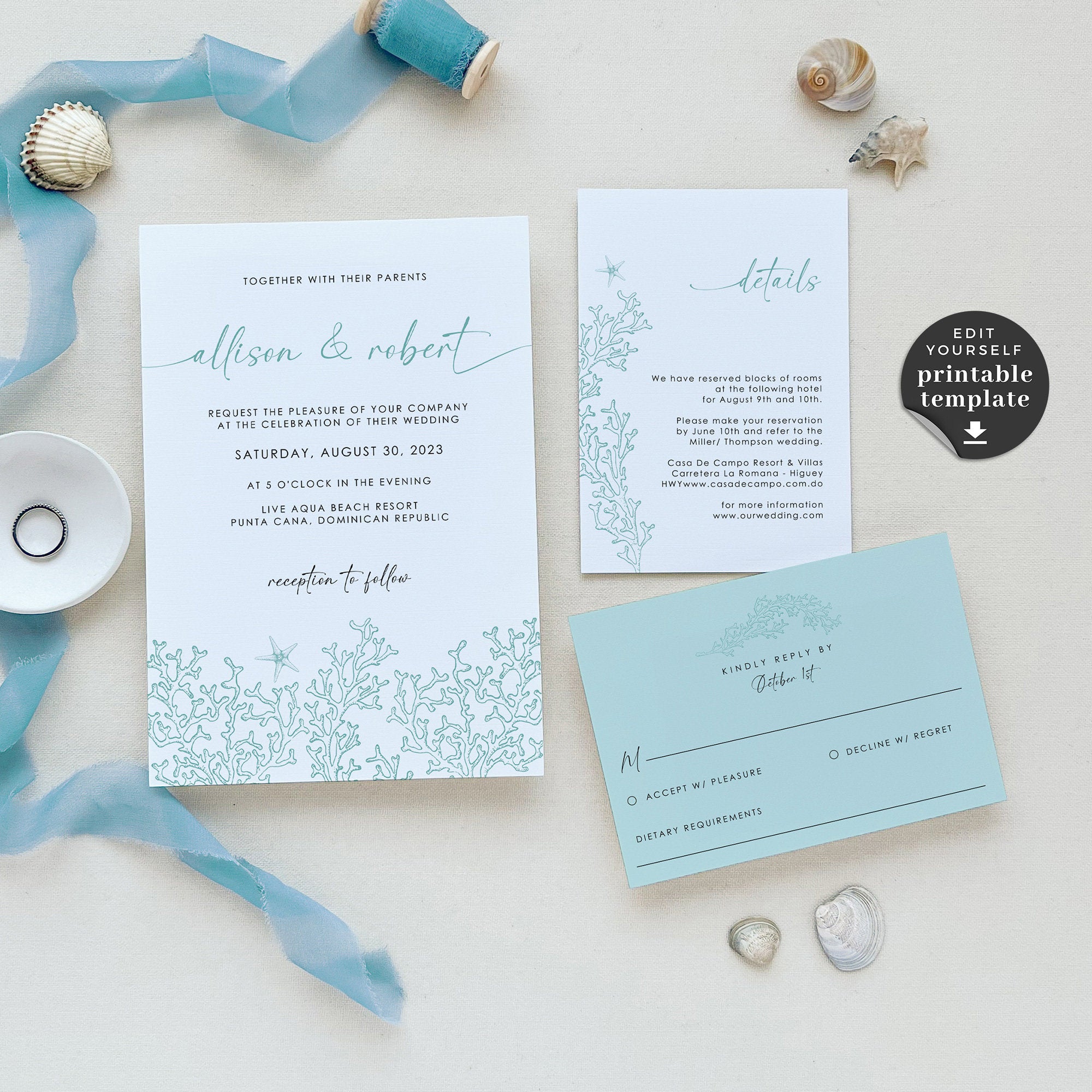 AIDA | Ocean Wedding Invitation with Rsvp Set Template