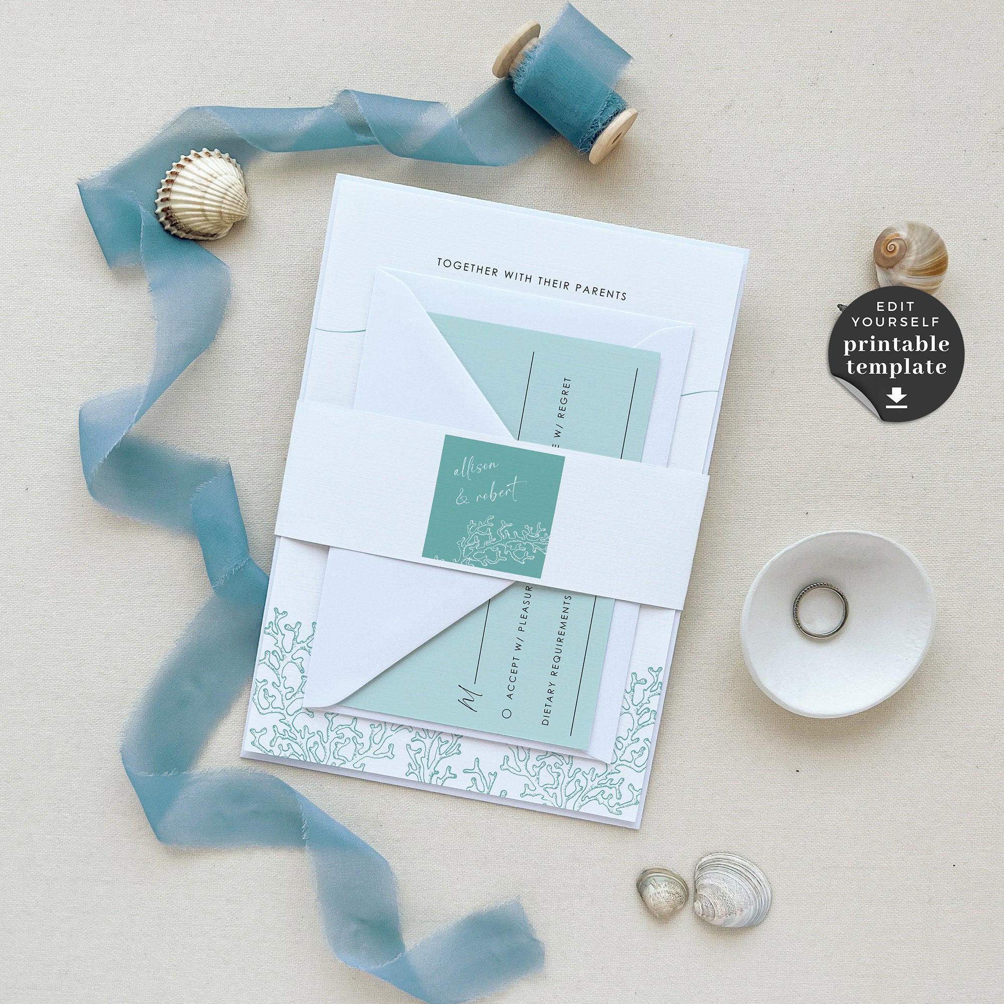 AIDA | Ocean Wedding Invitation with Rsvp Set Template