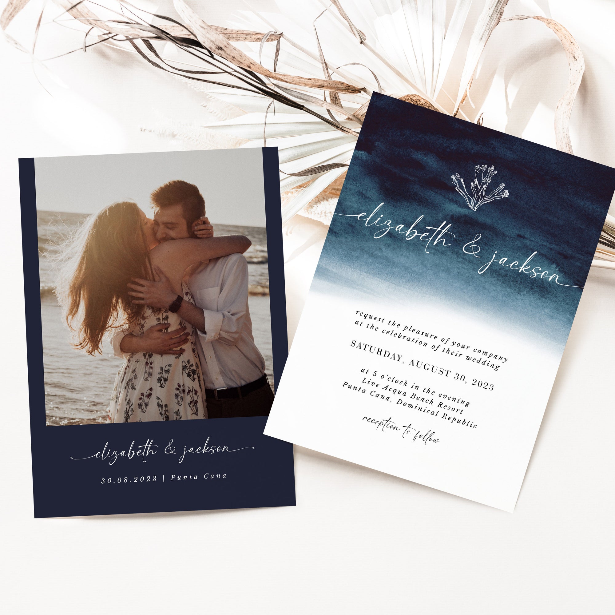 ZAHARA | Costal Beach Wedding Invitation Template with Photo
