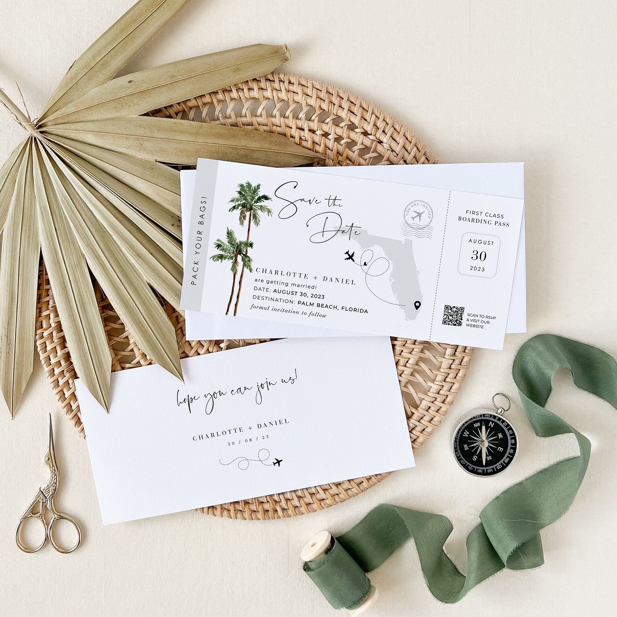 KONA Palm Tree Boarding Pass Save the Date Template