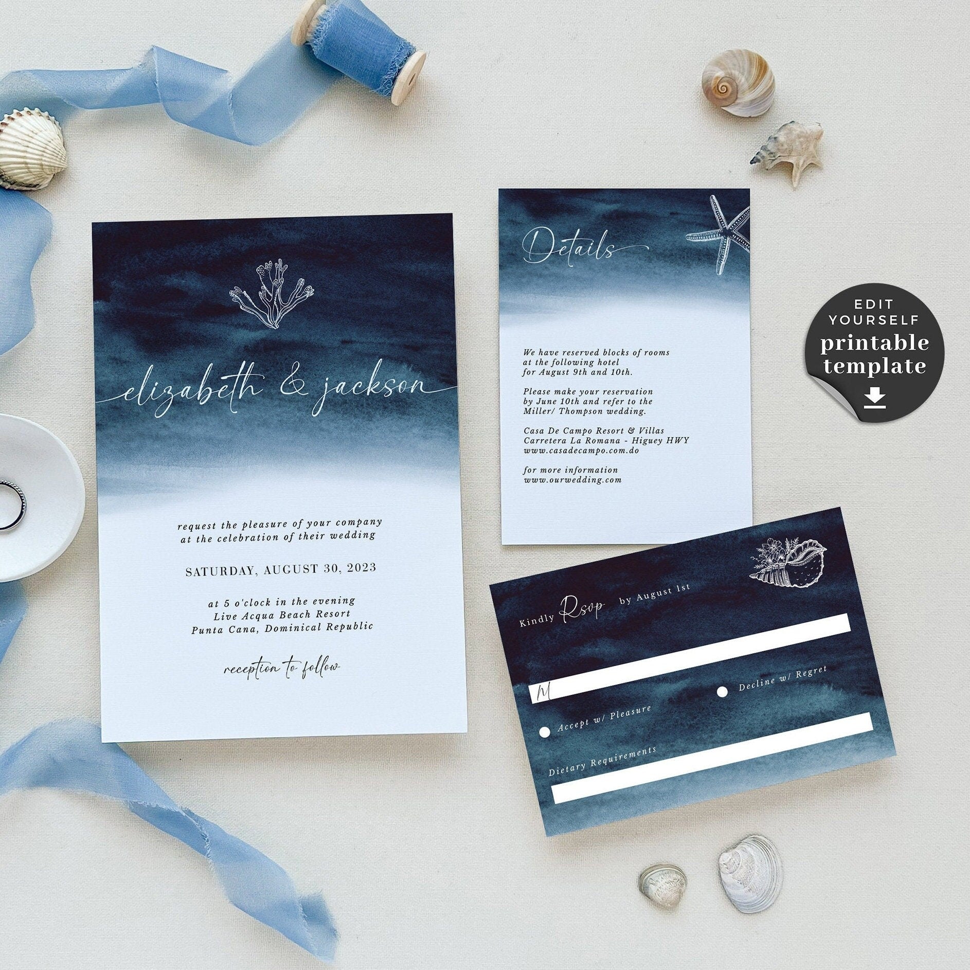 ZAHARA | Navy Destination Beach Wedding Invitation Kit Template