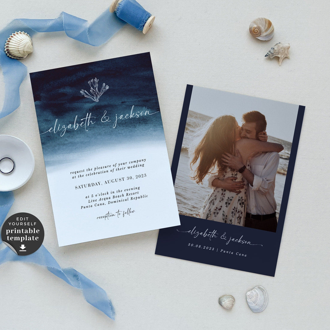 ZAHARA | Navy Destination Beach Wedding Invitation Kit Template