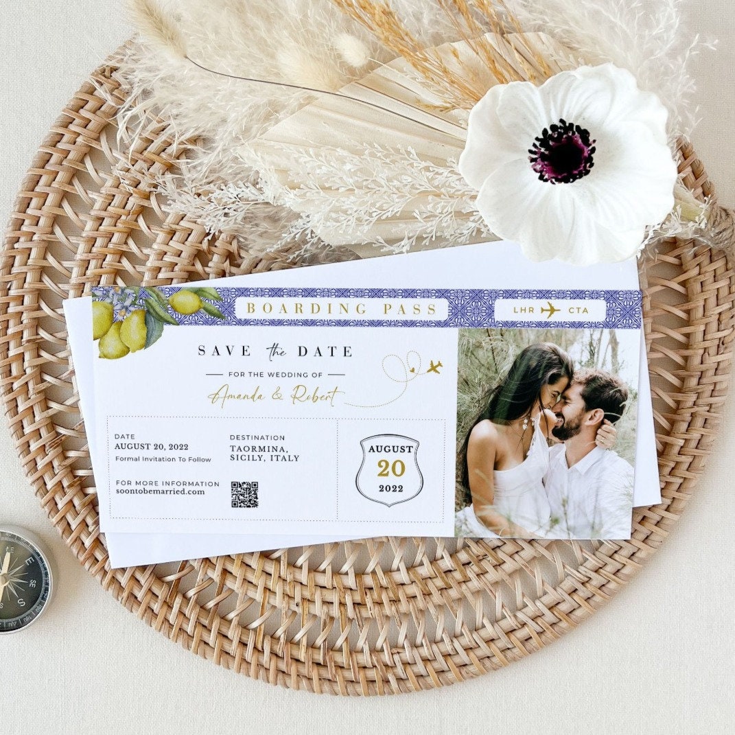 Mediterranean Theme Boarding Pass Save the Date Template