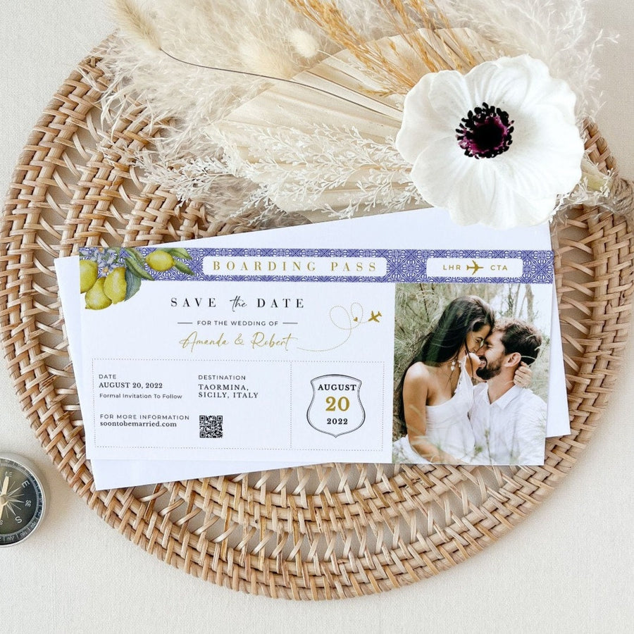 Mediterranean Theme Boarding Pass Save the Date Template