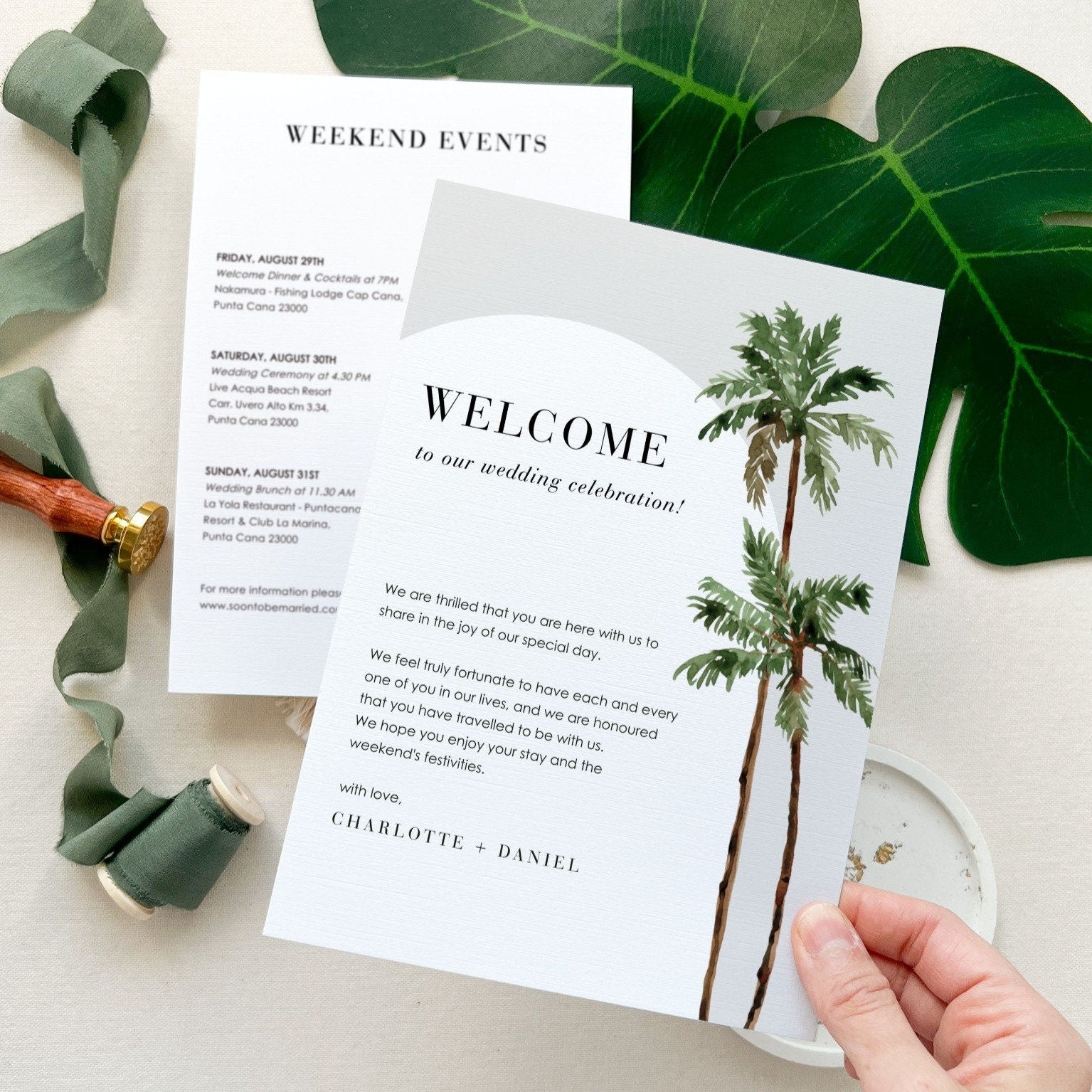 KONA Palm Tree Welcome Letter & Wedding Weekend Itinerary Template