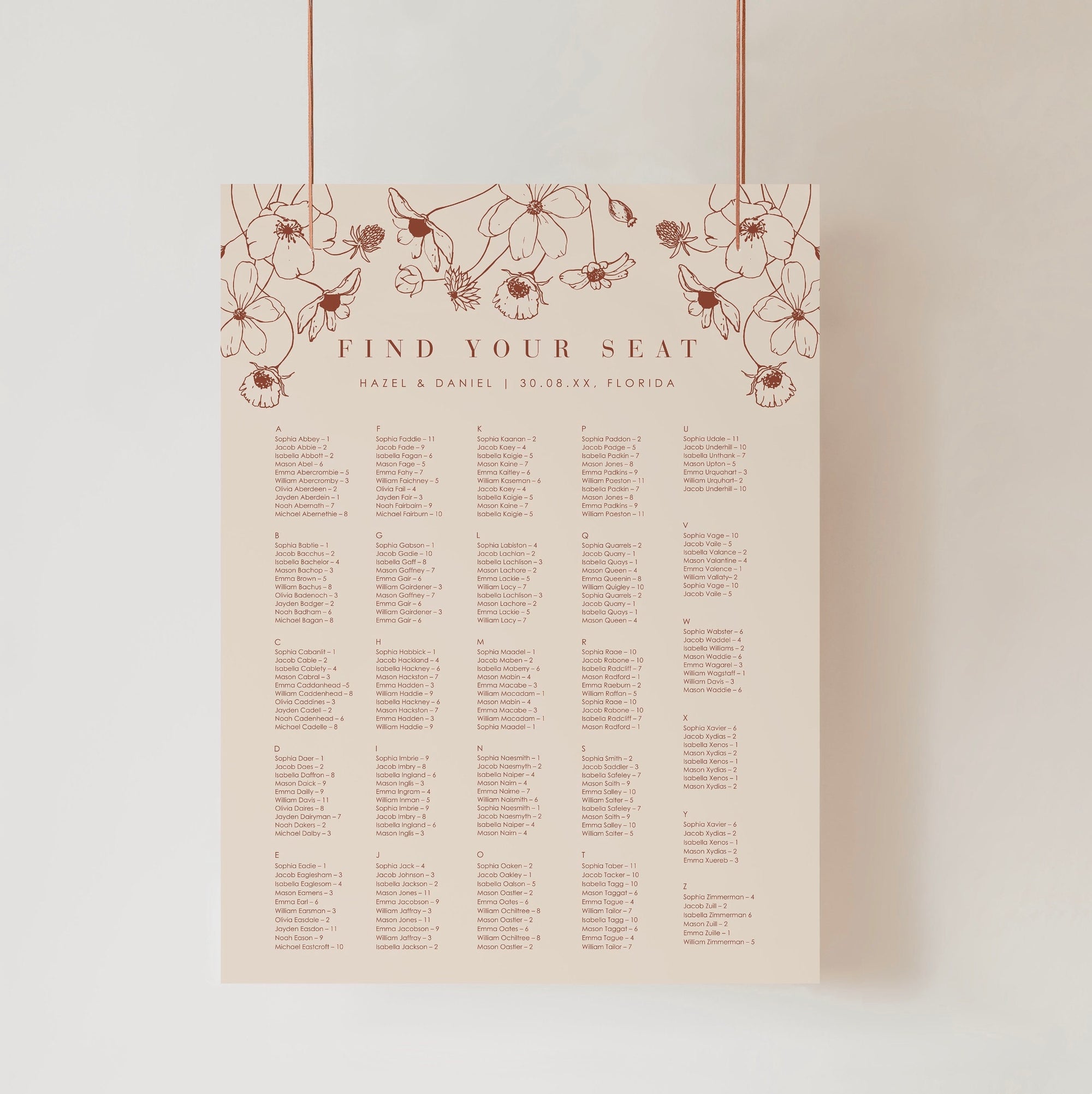 HAZEL Terracotta Wedding Seating Chart Alphabetical