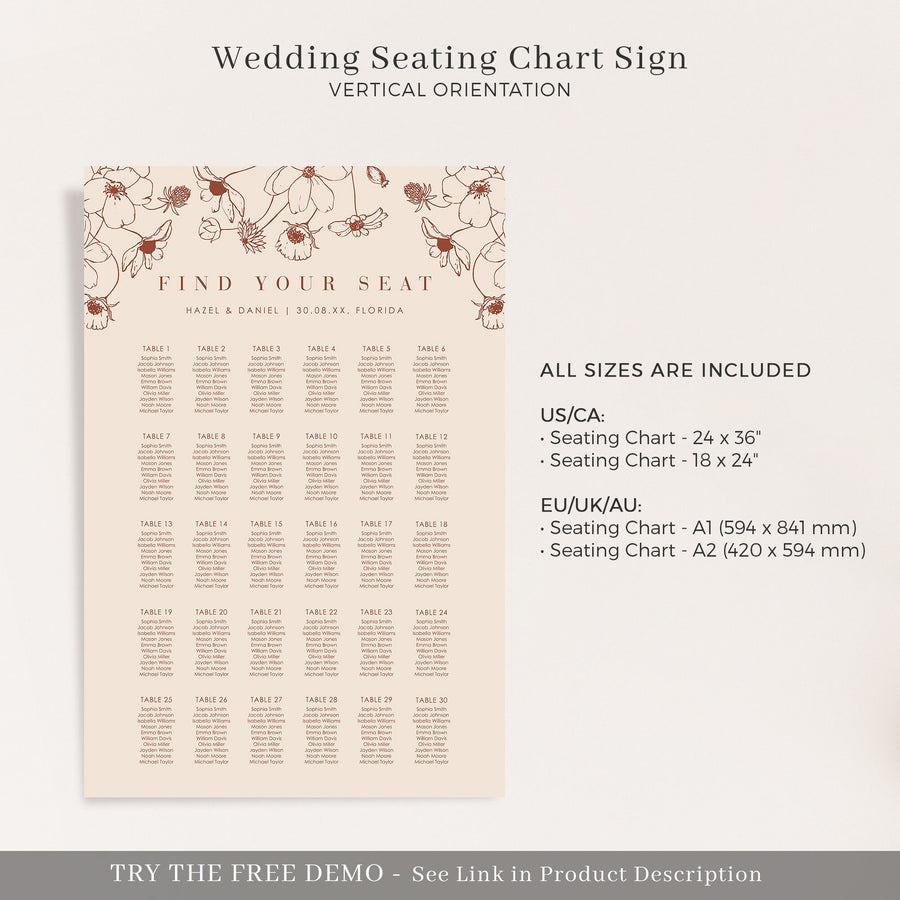 HAZEL Burnt Orange Wedding Seating Chart Printable