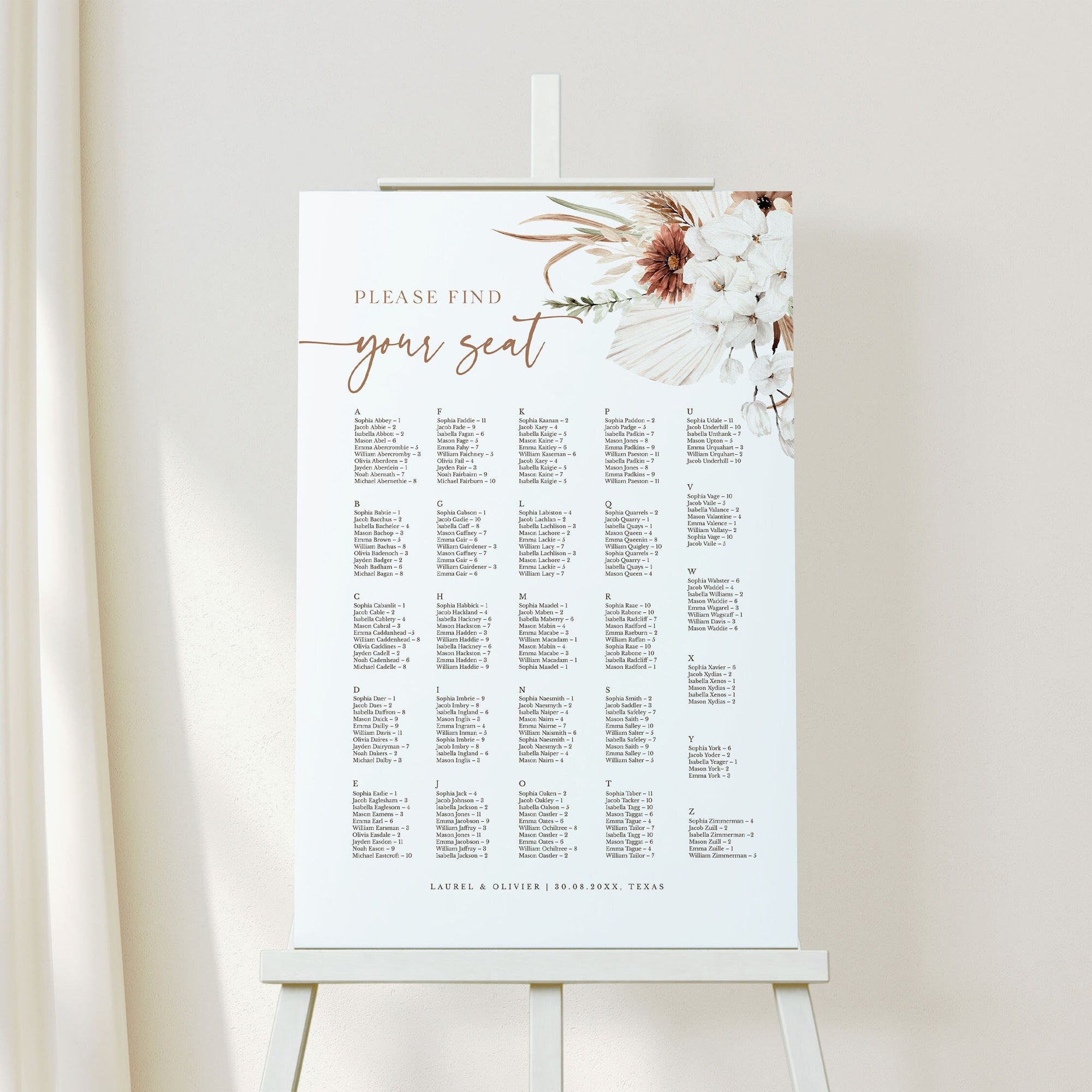 LAUREL Alphabetical Wedding Seating Chart Template