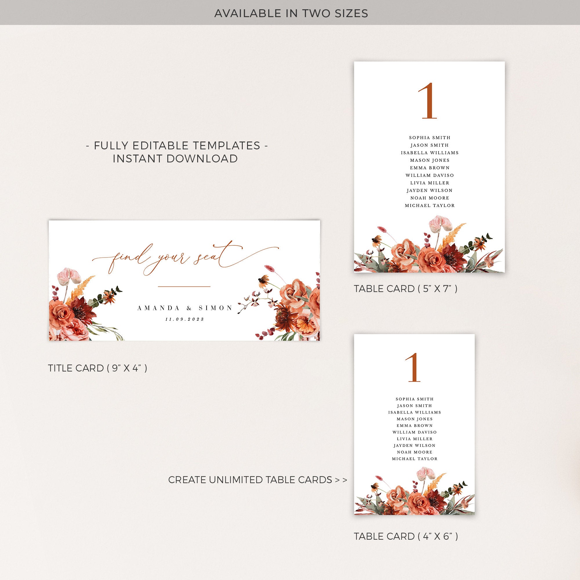 SCARLETT Boho Seating Chart Cards for Wedding Template