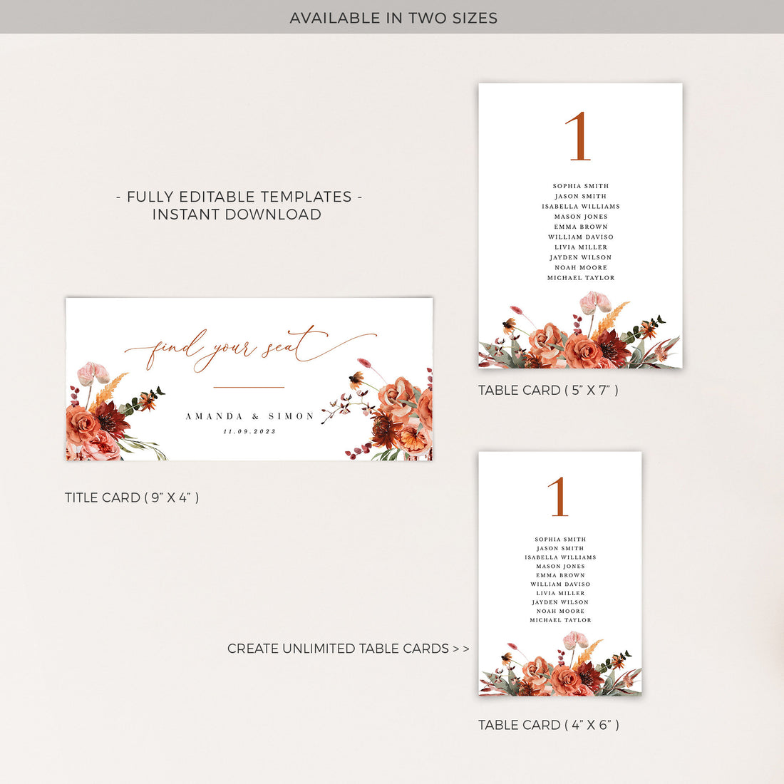 SCARLETT Boho Seating Chart Cards for Wedding Template