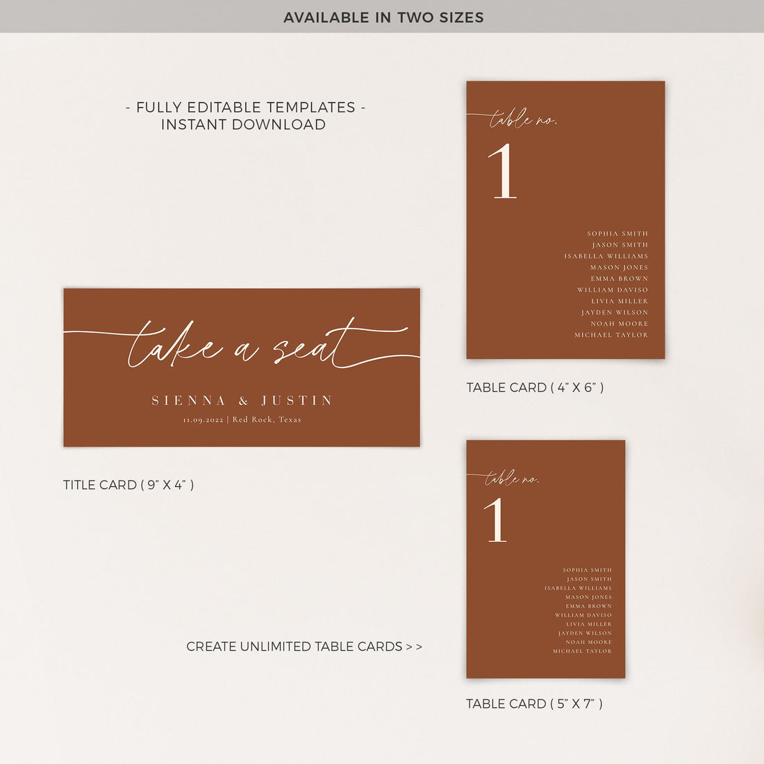 SIENNA Terracotta Seating Chart Cards Wedding Template